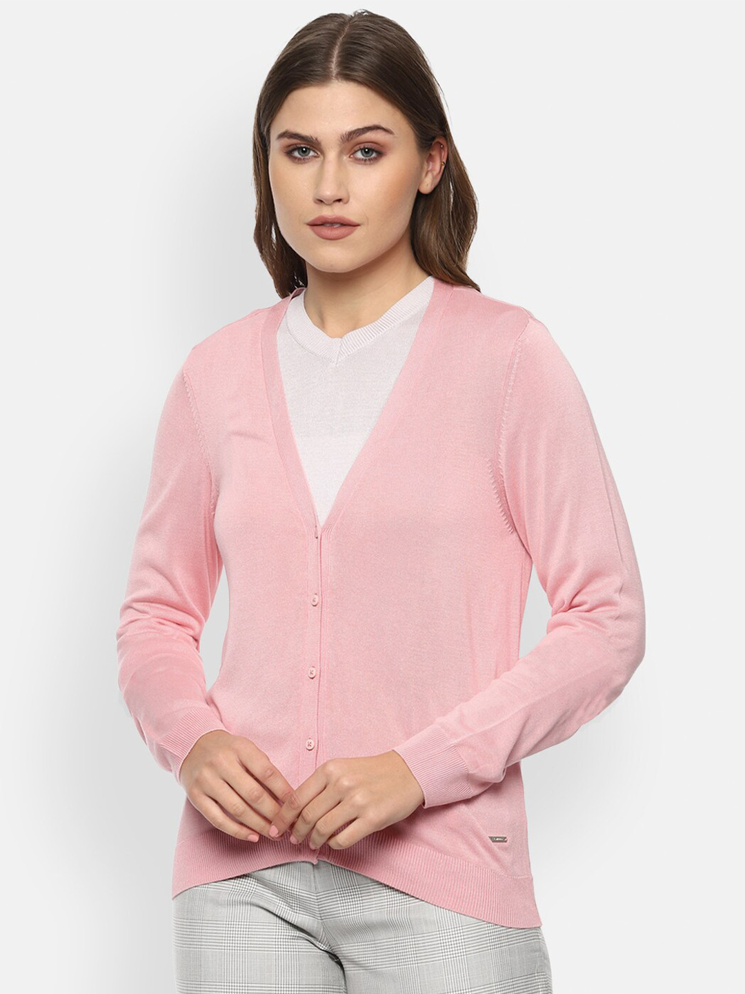 Buy Van Heusen Woman Women Pink Solid Viscose Rayon Cardigan Sweaters