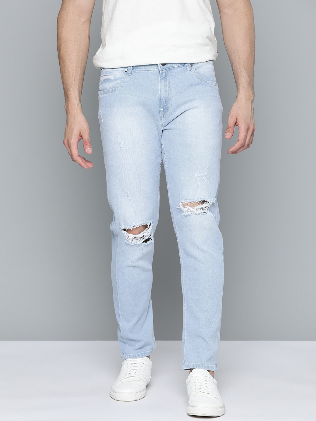 Buy Mast & Harbour Men Blue Slim Tapered Fit Slash Knee Light Fade
