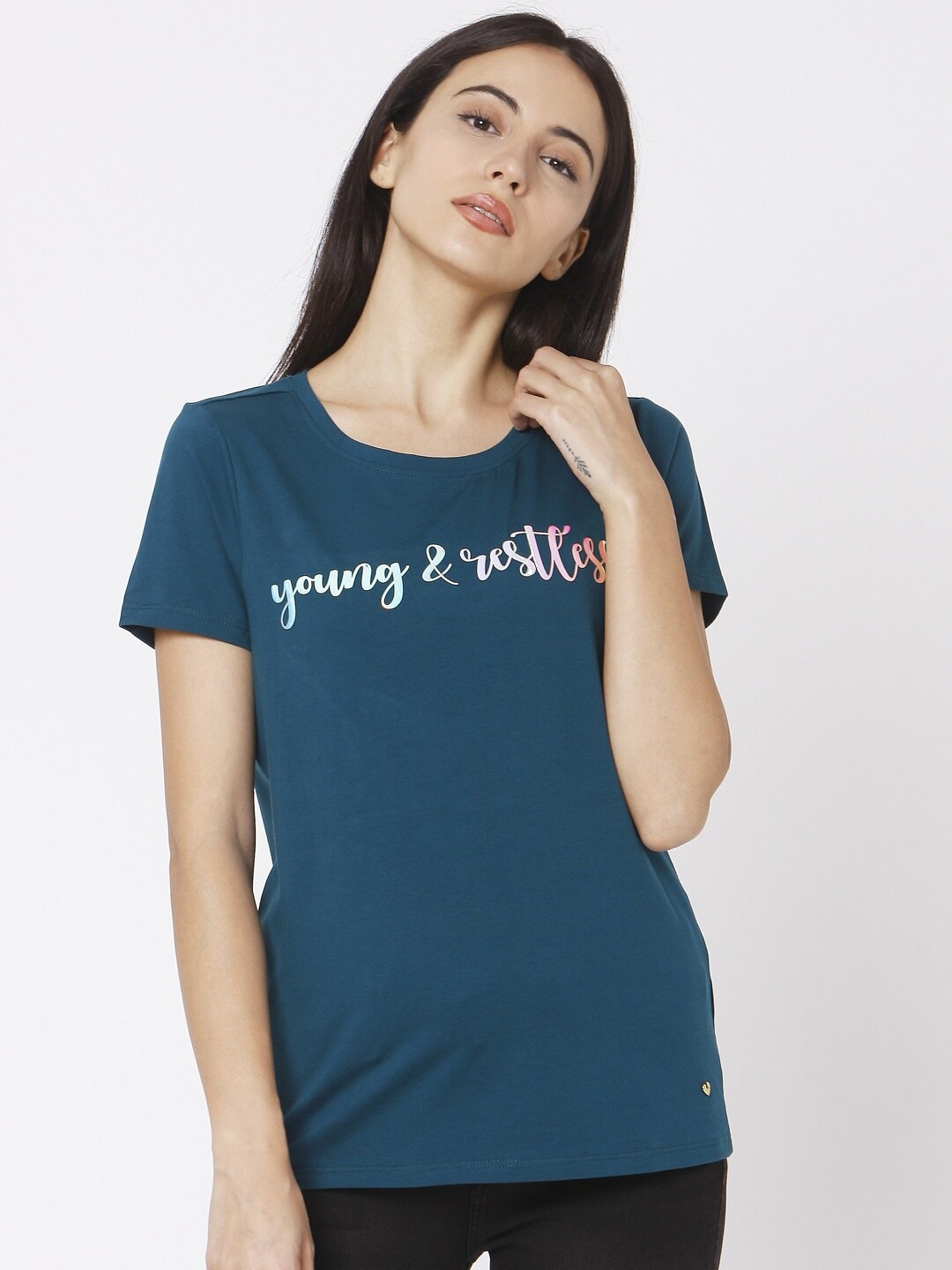 Buy SPYKAR Women Teal Typography Printed Slim Fit T Shirt - Tshirts for ...