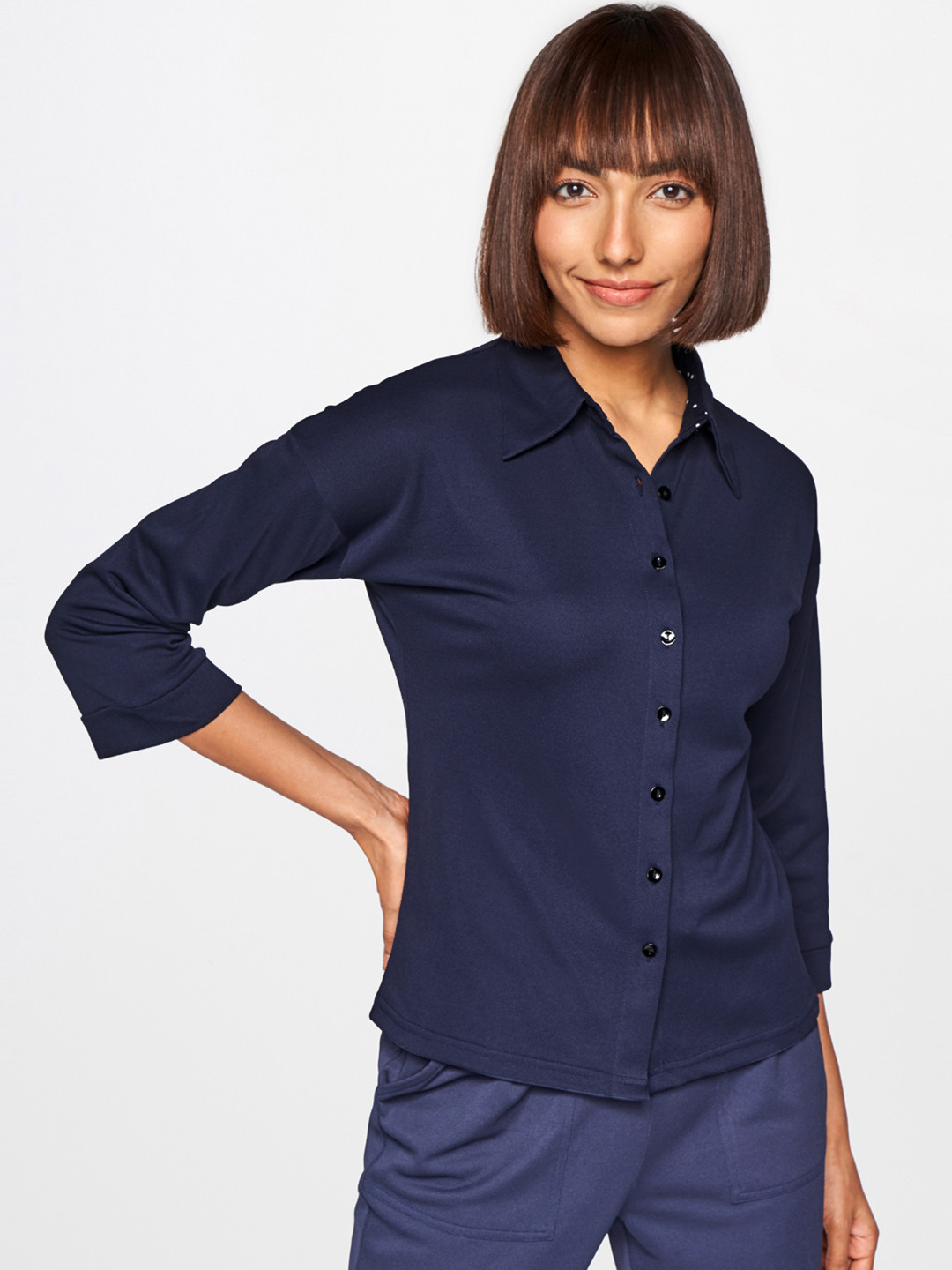 Buy AND Women Navy Blue Solid Casual Shirt Shirts for Women 15137964