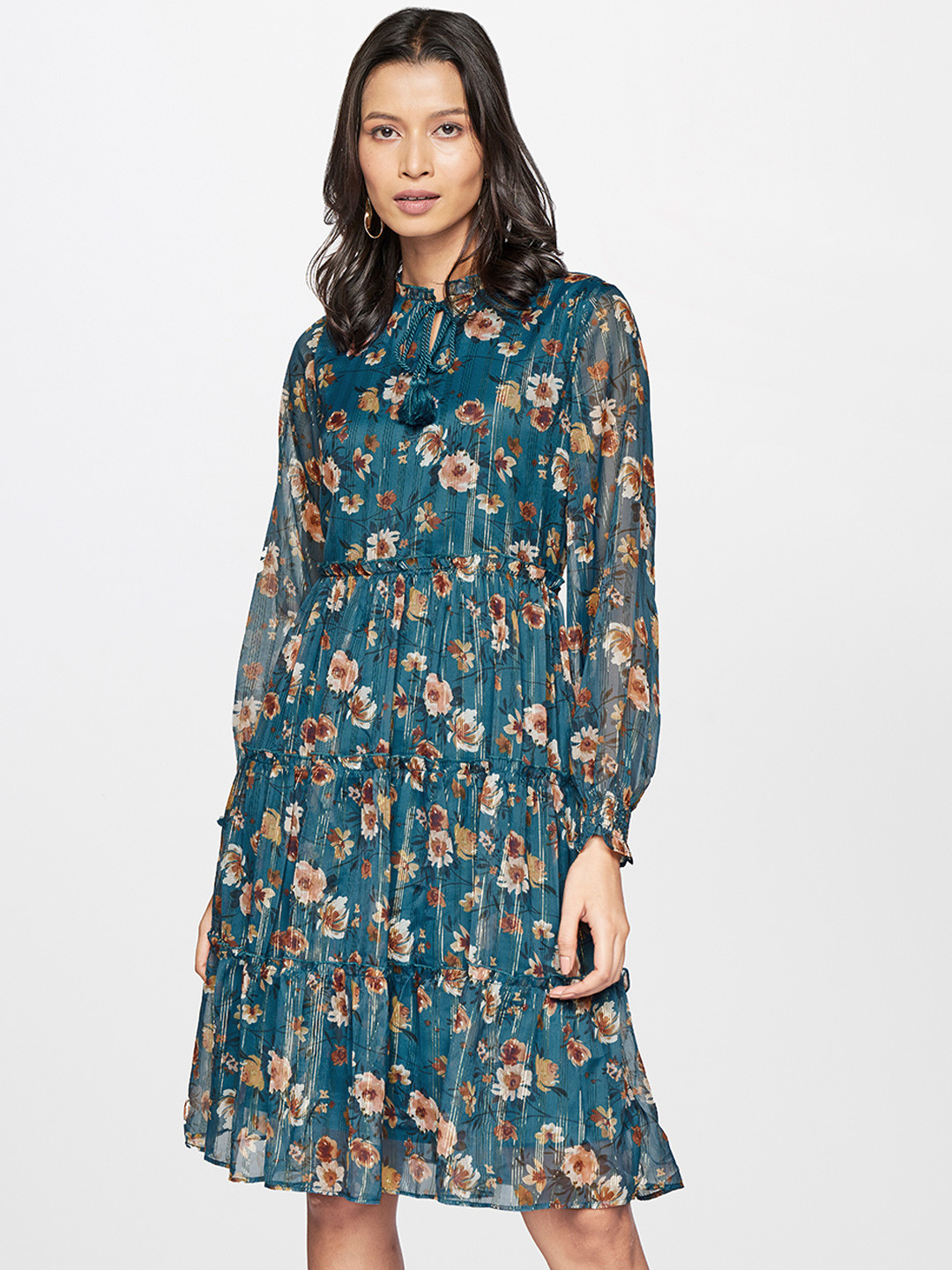 Buy AND Teal Blue & Brown Floral Tie Up Neck Tiered Dress Dresses for
