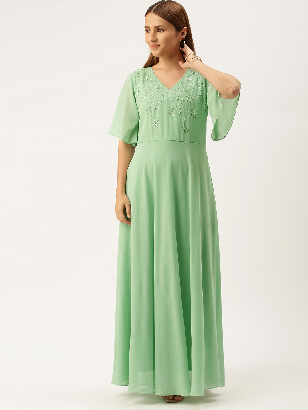 Buy AND Green Embellished Flared Sleeve Maxi Dress - Dresses for Women 15138762 | Myntra