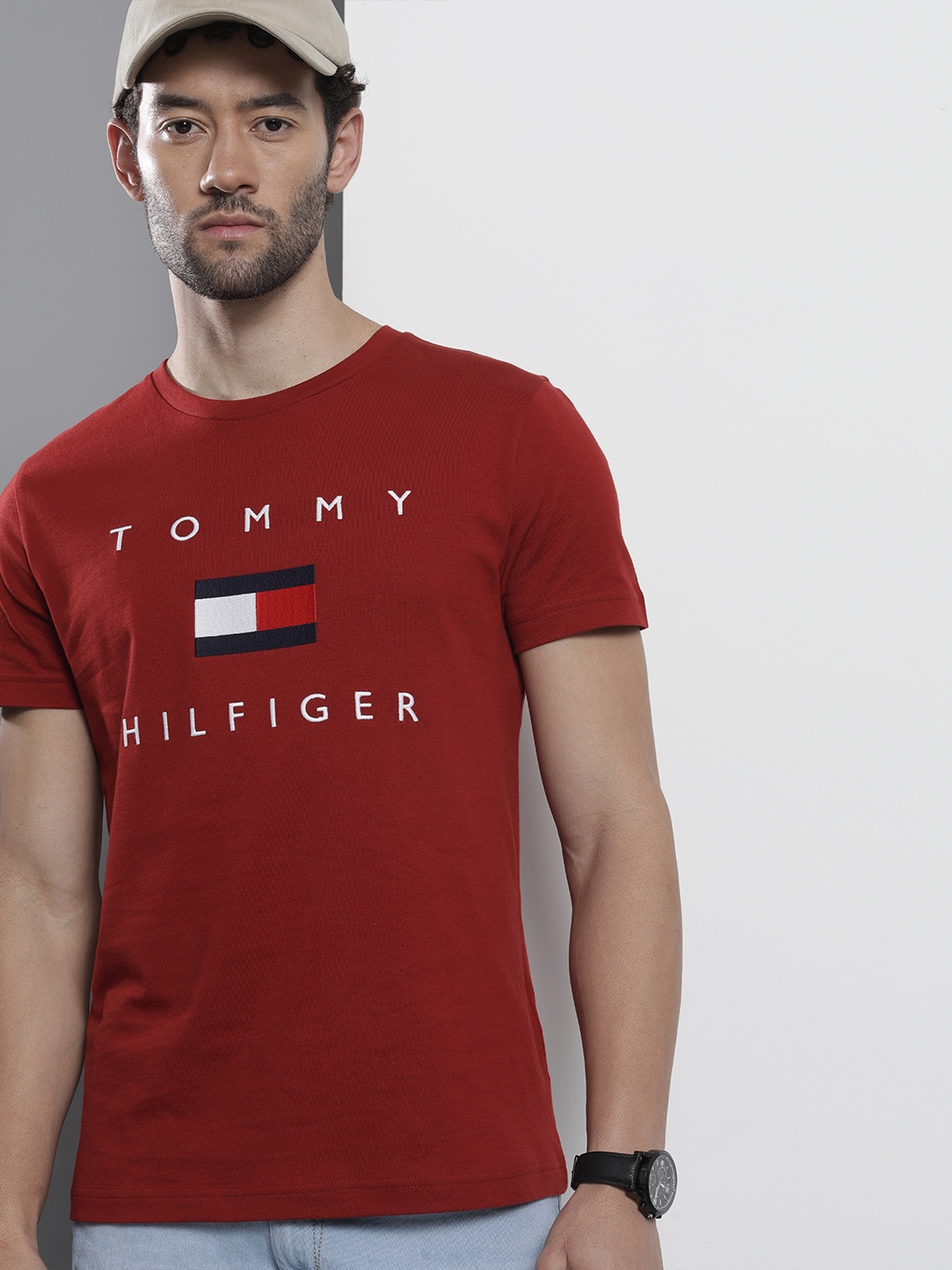 Buy Tommy Hilfiger Men Red Brand Logo Embroidered Organic Cotton T ...