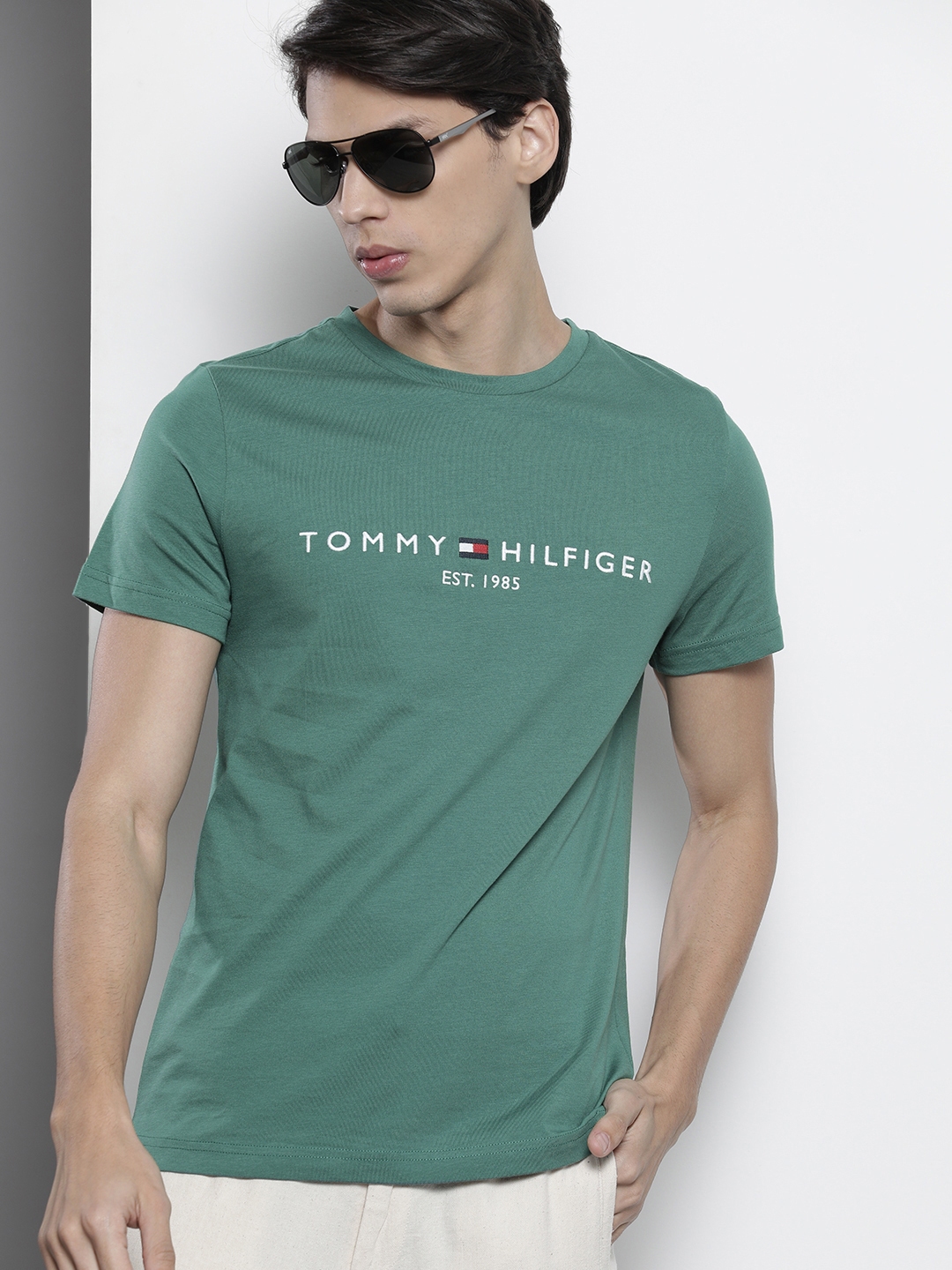 Buy Tommy Hilfiger Men Green Brand Logo Embroidered Organic Cotton T ...