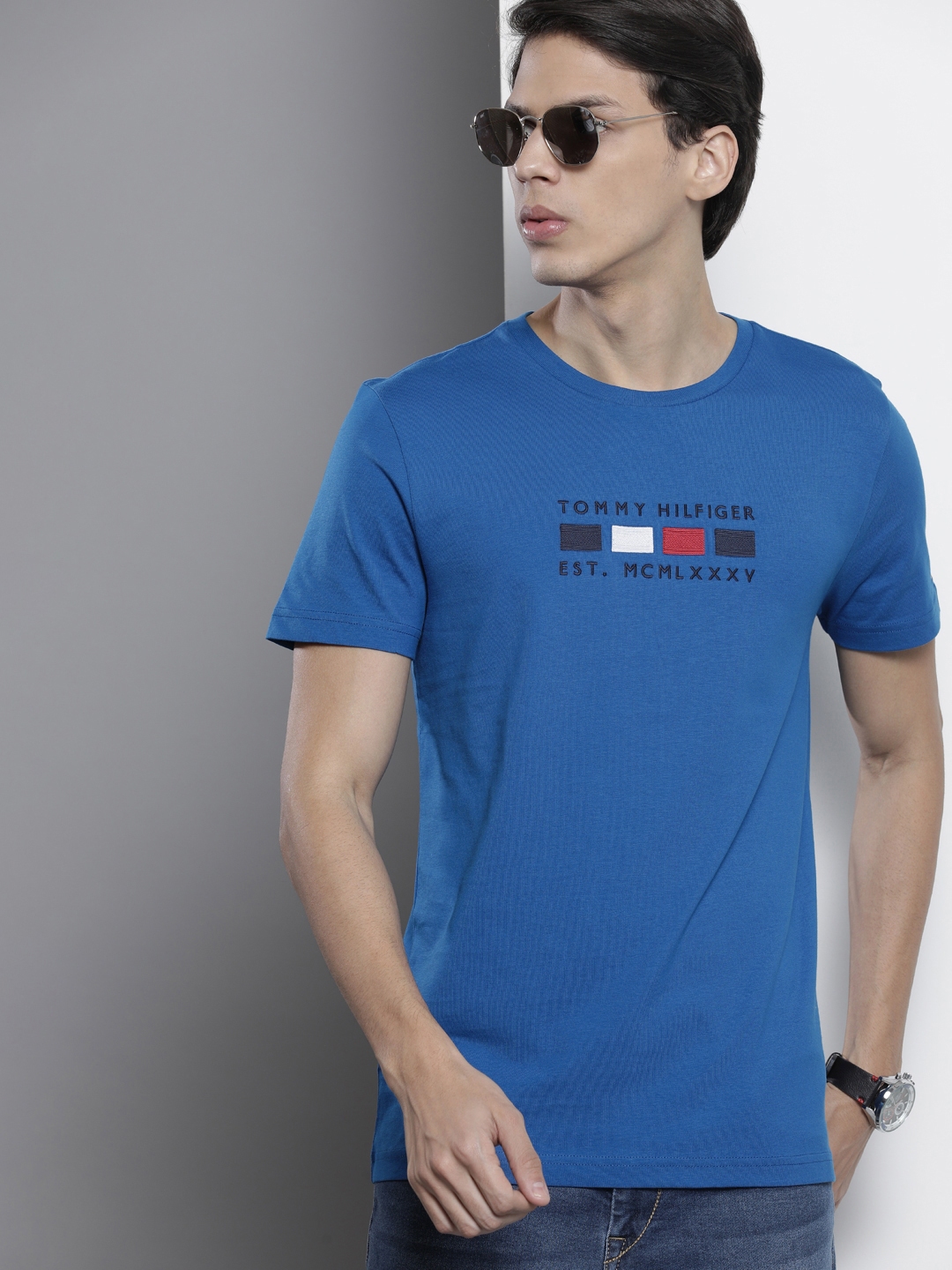Buy Tommy Hilfiger Men Blue Brand Logo Embroidered Organic Cotton T ...