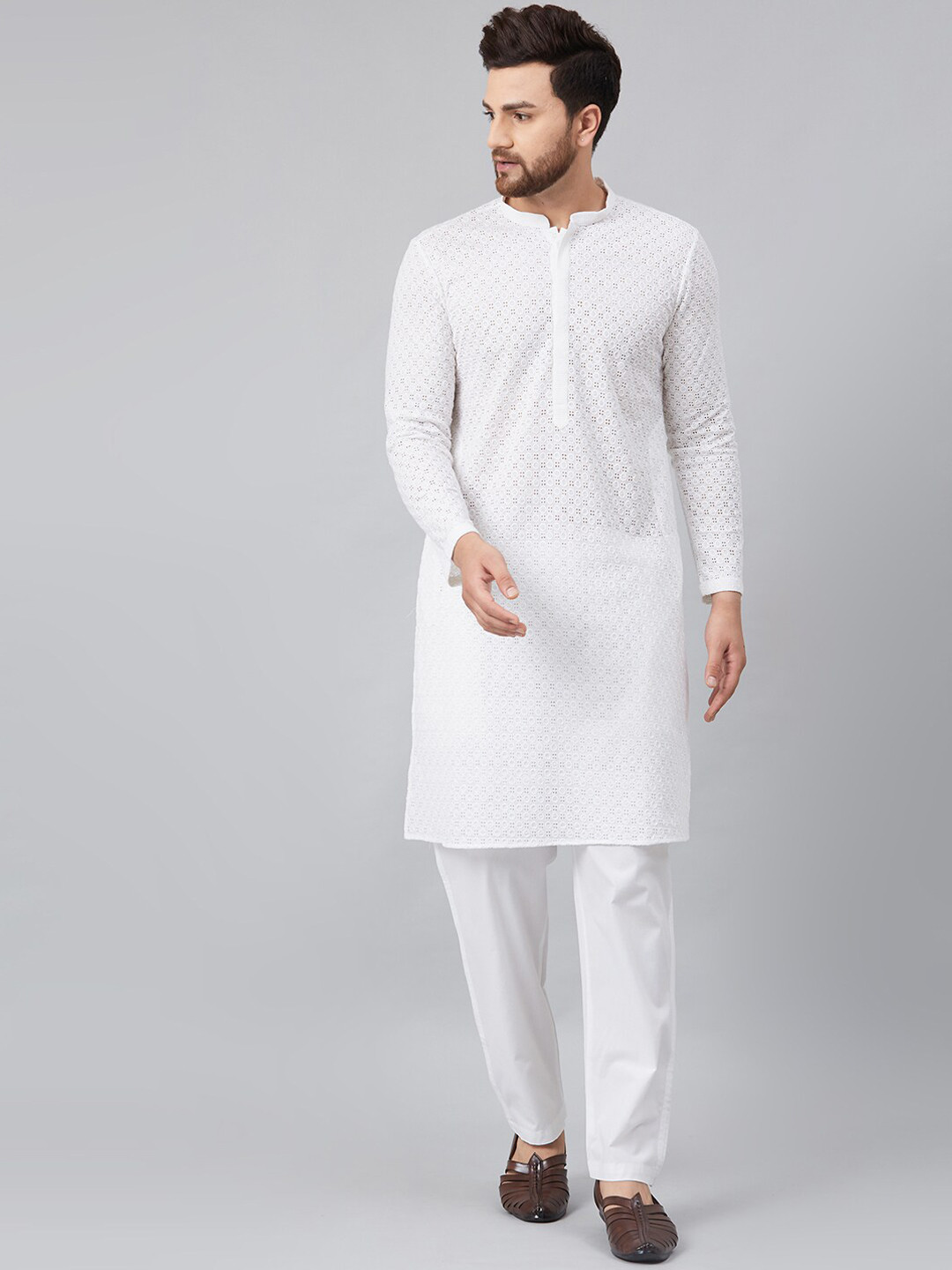 Men White Chikankari Embroidered And Sequence Kurta Only