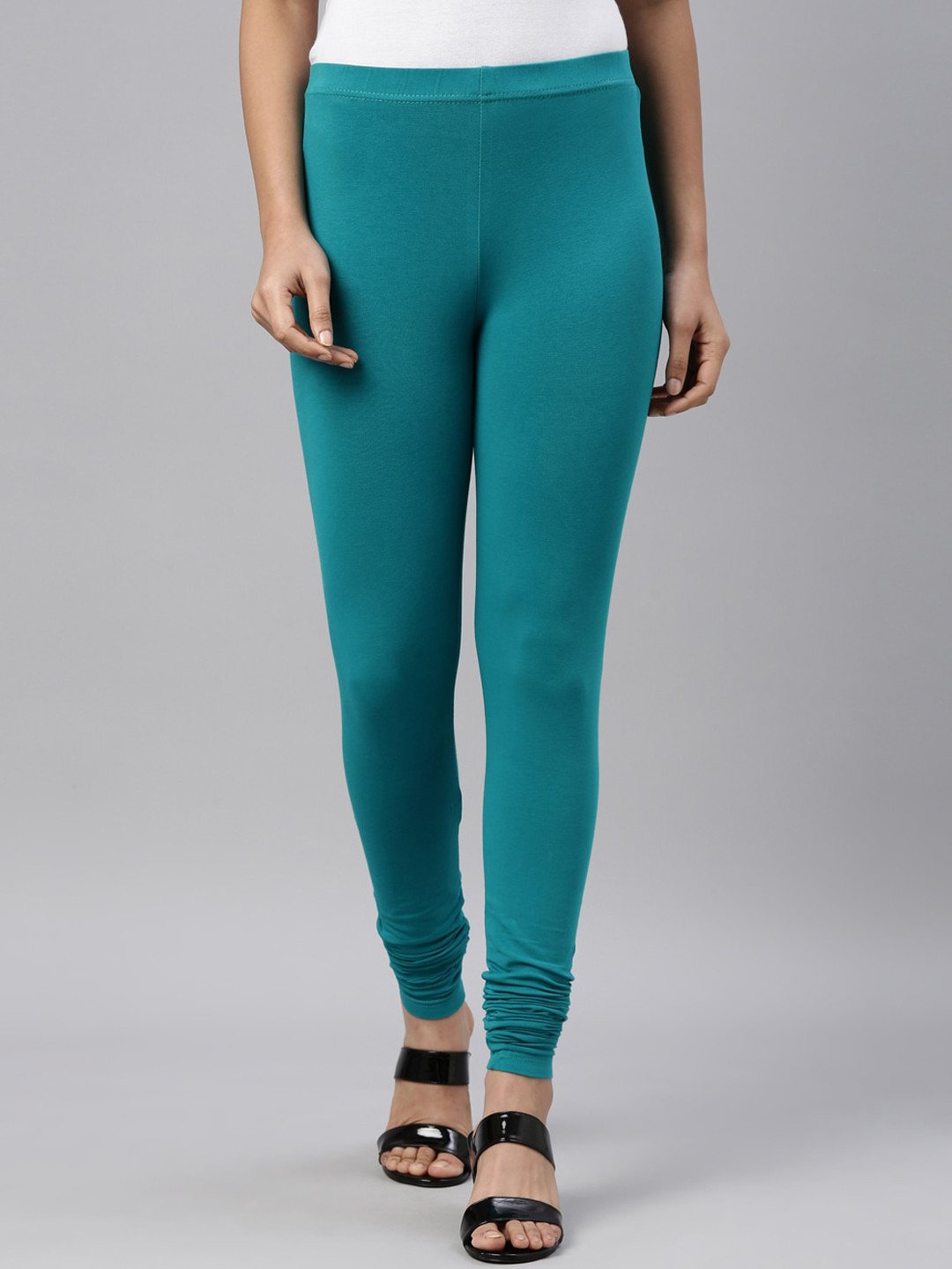 Buy Go Colors Women Sea Green Solid Churidar Length Cotton Leggings