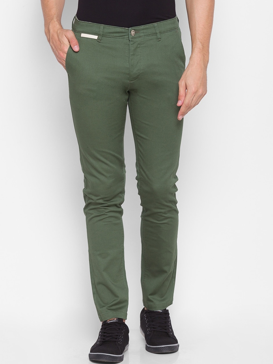 Buy SPYKAR Men Olive Green Straight Fit Low Rise Pure Cotton Trousers ...