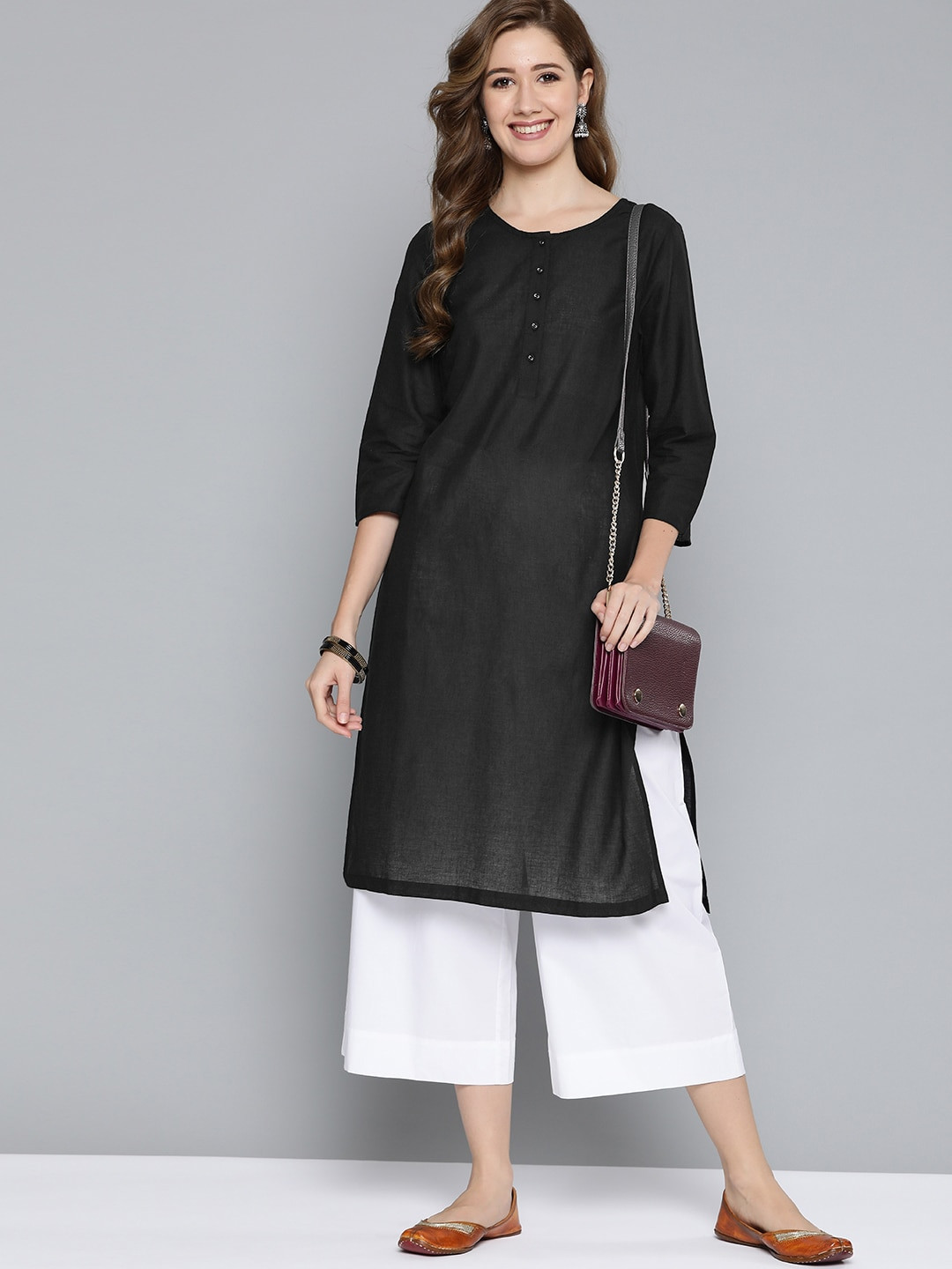 Women’s Black Cotton Kurti with Blue Floral Print | Straight Fit Ethnic Kurta