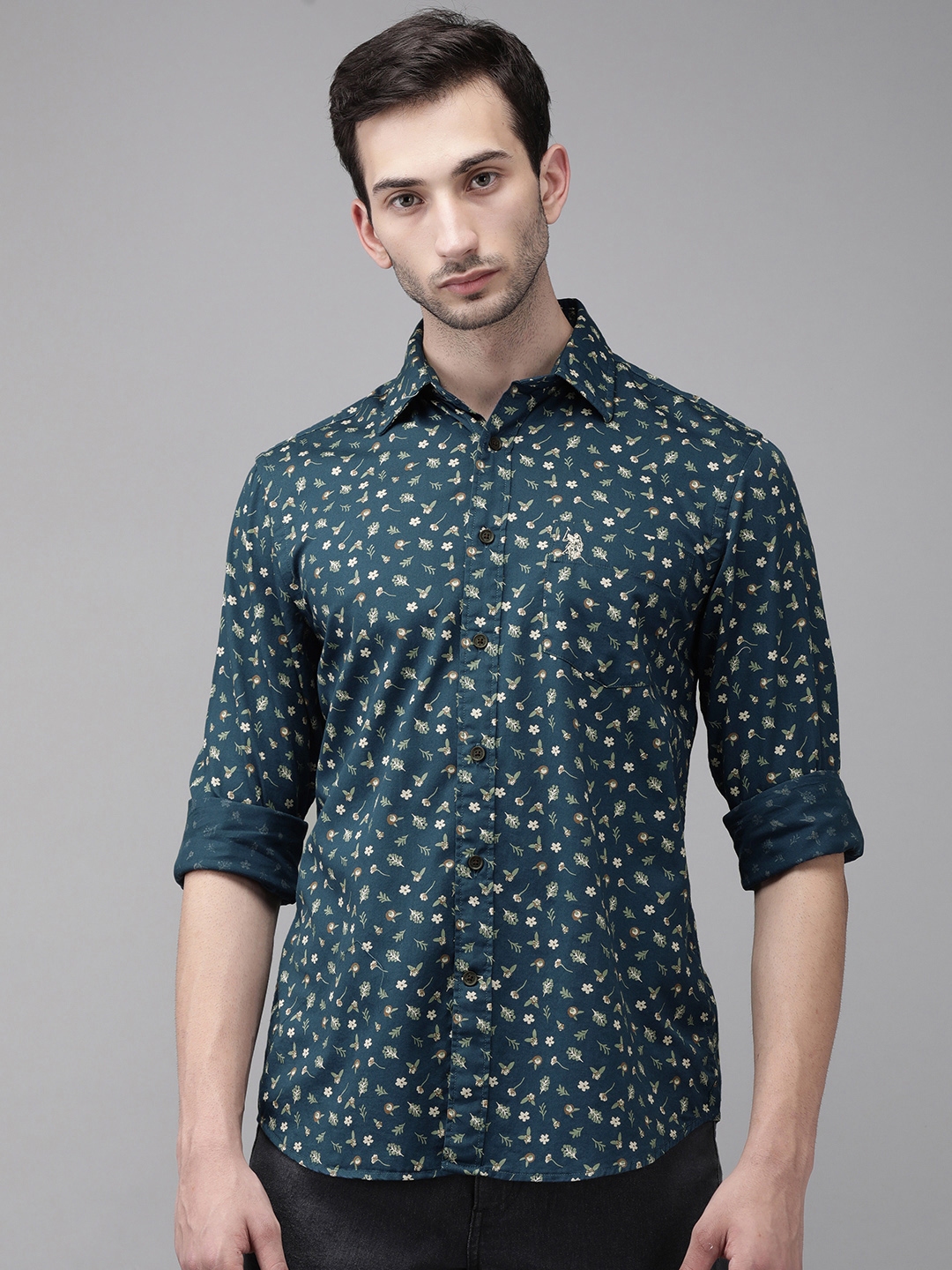 Buy U. S. Polo Assn. Men Teal Opaque Floral Printed Pure Cotton Casual ...