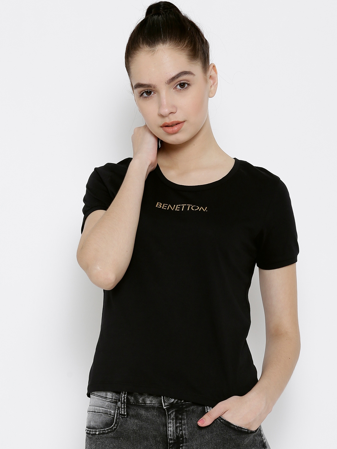 Buy United Colors Of Benetton Women Black Printed Round Neck T Shirt ...