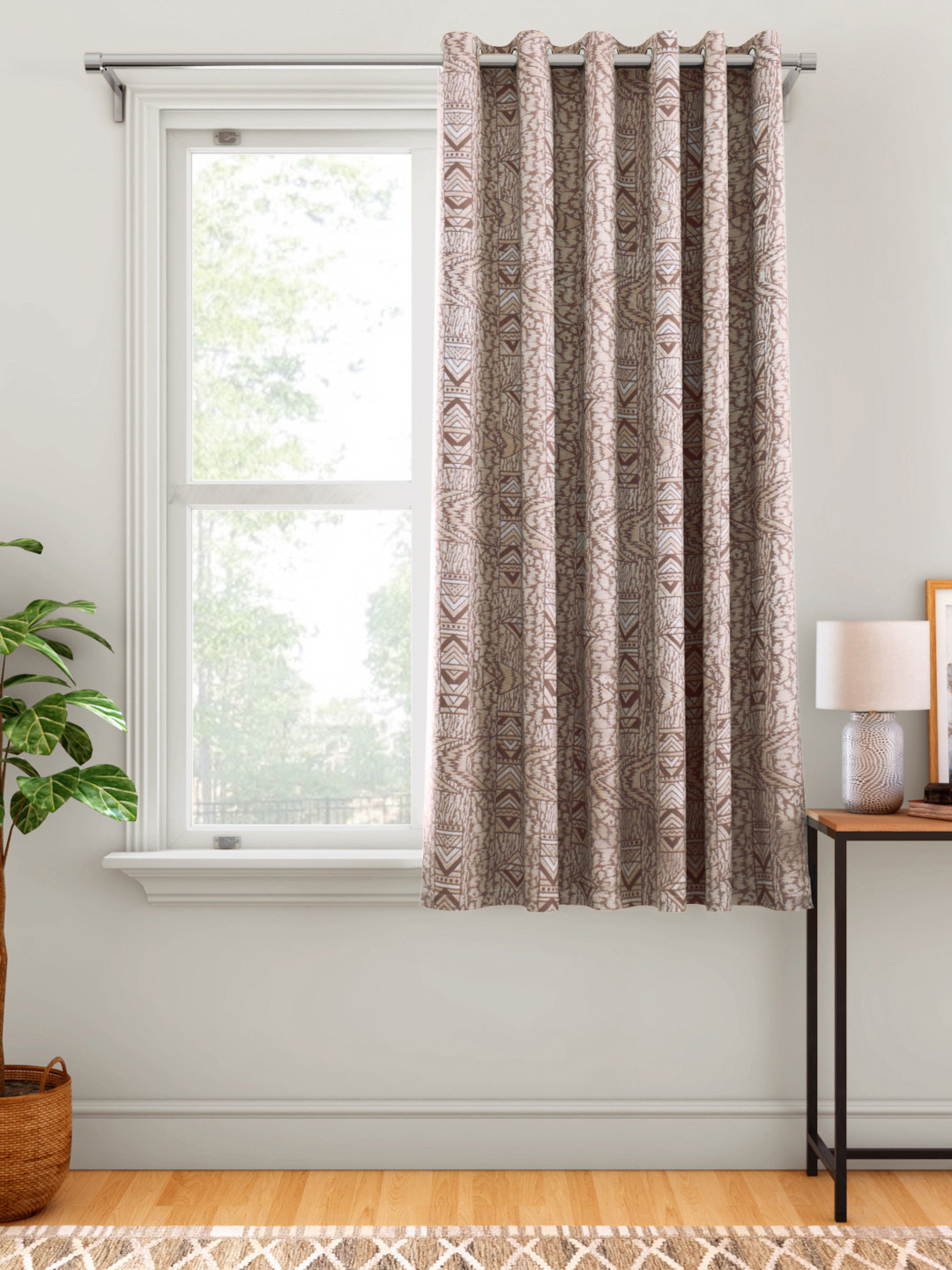 Buy Aura Taupe & Brown Geometric Pattern Single Window Curtain