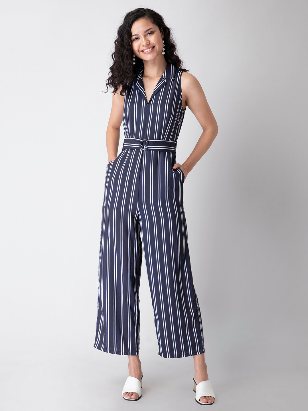 Buy FabAlley Women Navy Blue & White Striped Jumpsuit With Fabric Belt