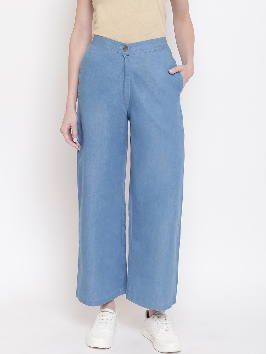 Buy Mayra Women Blue Denim Loose Fit Parallel Trousers - Trousers for ...