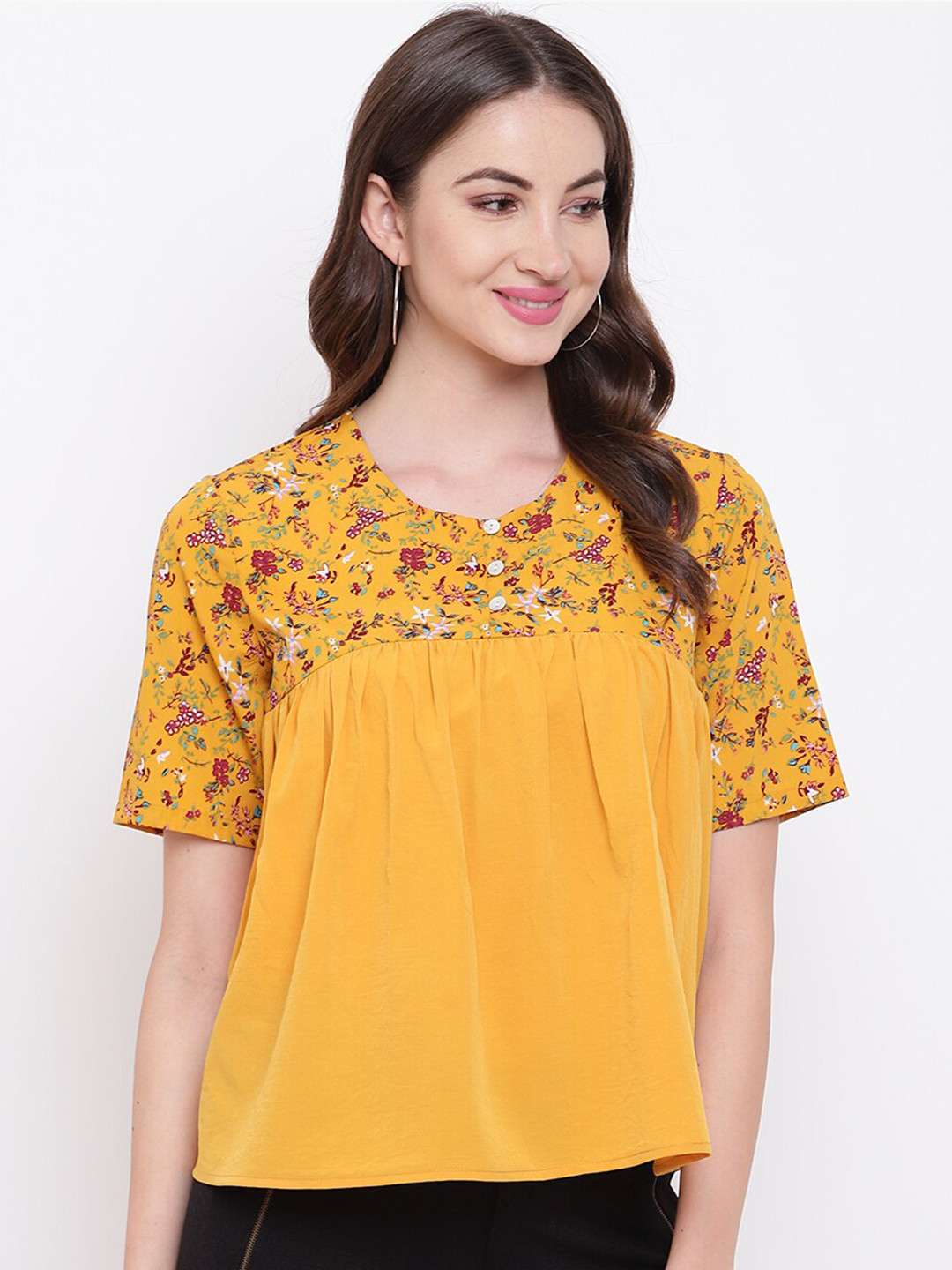 Buy Mayra Mustard Yellow & Pink Floral Printed A Line Top Tops for