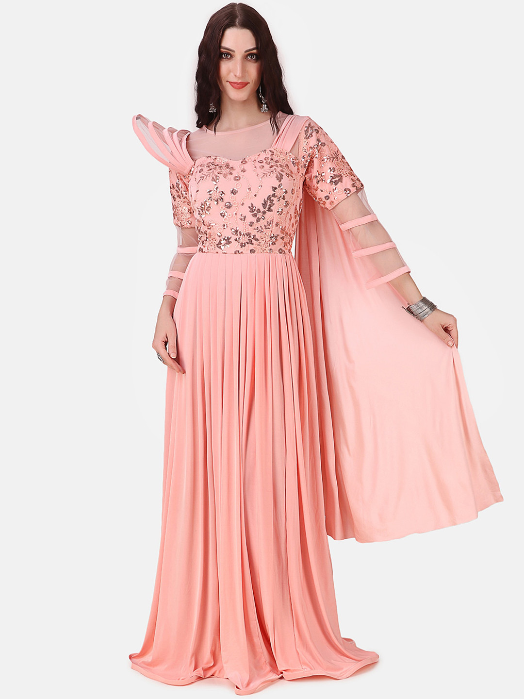 Buy Grancy Peach Coloured Embellished Velvet Maxi Dress Dresses for
