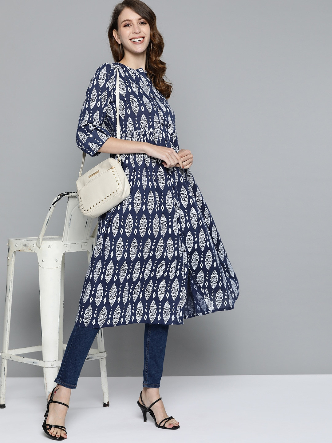 Women Blue & Off White Pure Cotton Ethnic Motifs Printed Kurta