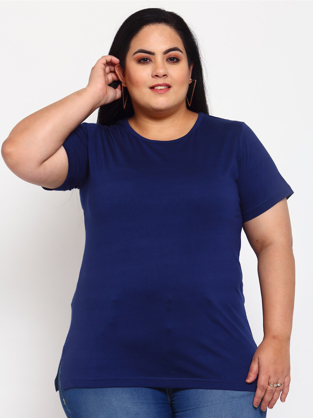 Buy PlusS Women Navy Blue Pure Cotton T Shirt - Tshirts for Women ...