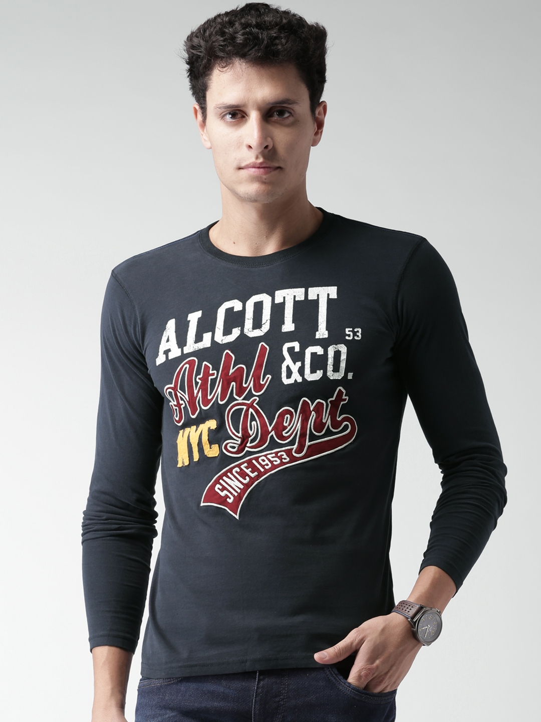 Buy ALCOTT Men Navy Blue Printed Pure Cotton T Shirt - Tshirts for Men ...