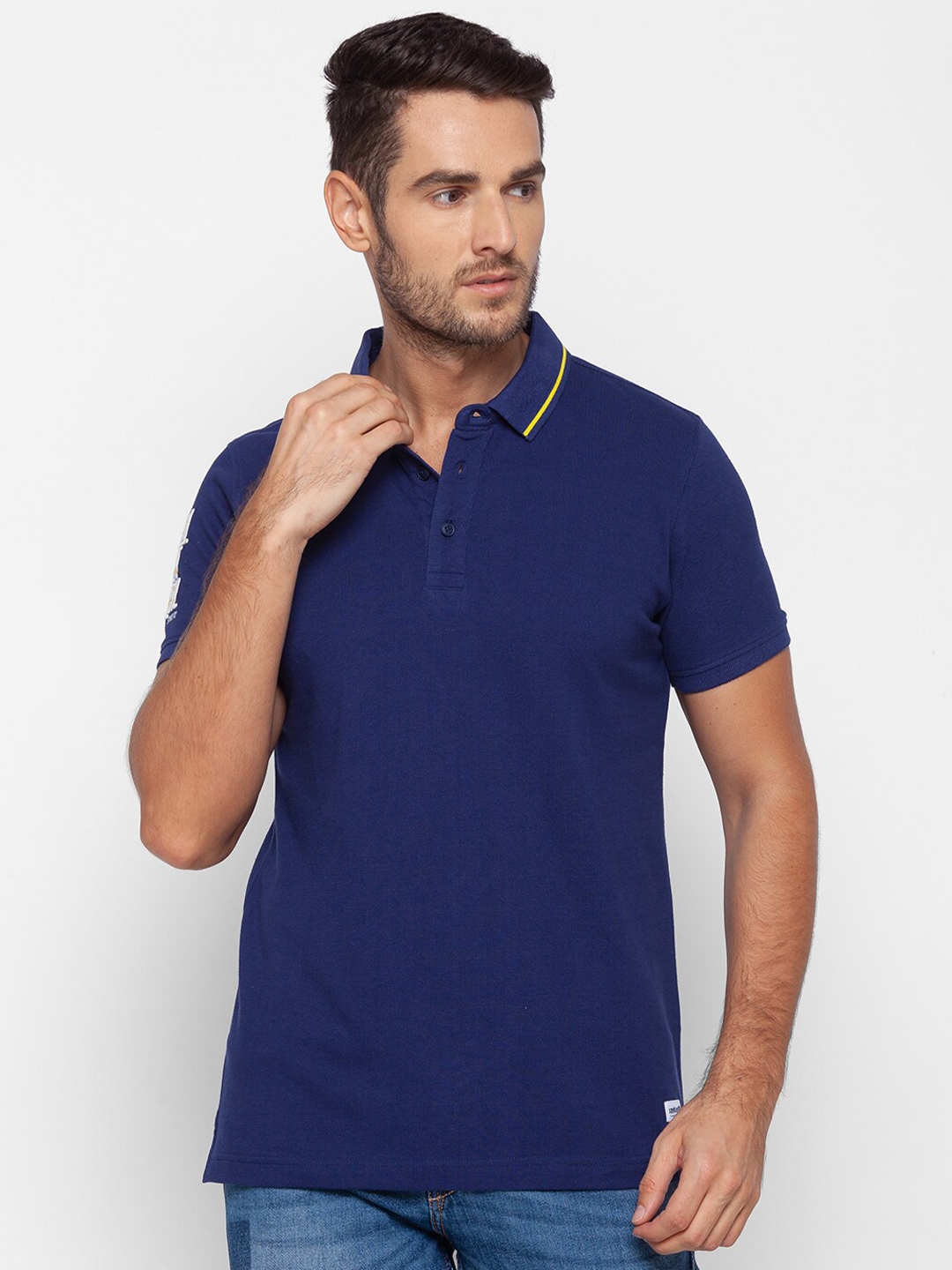 Buy Spykar Men Navy Blue Polo Collar Slim Fit Cotton T Shirt Tshirts For Men 15164720 Myntra