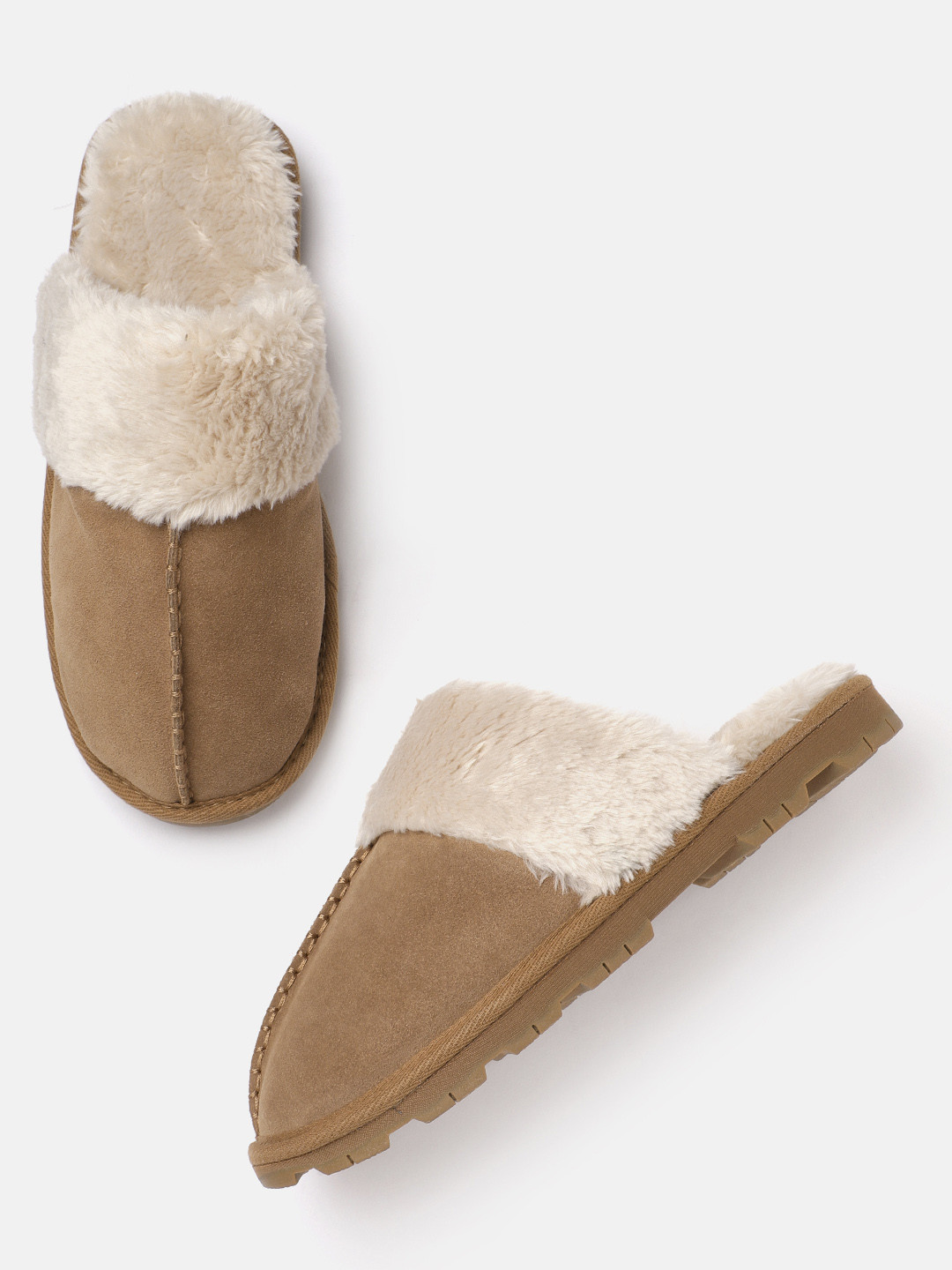 Buy Marks & Spencer Women Beige & Off White Faux Fur Suede Room Slippers - Flip Flops for Women 