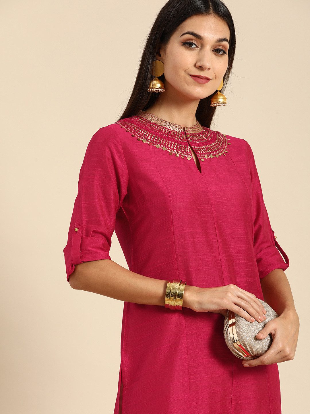 Women Pink Sequinned Kurta with Palazzos main image 0