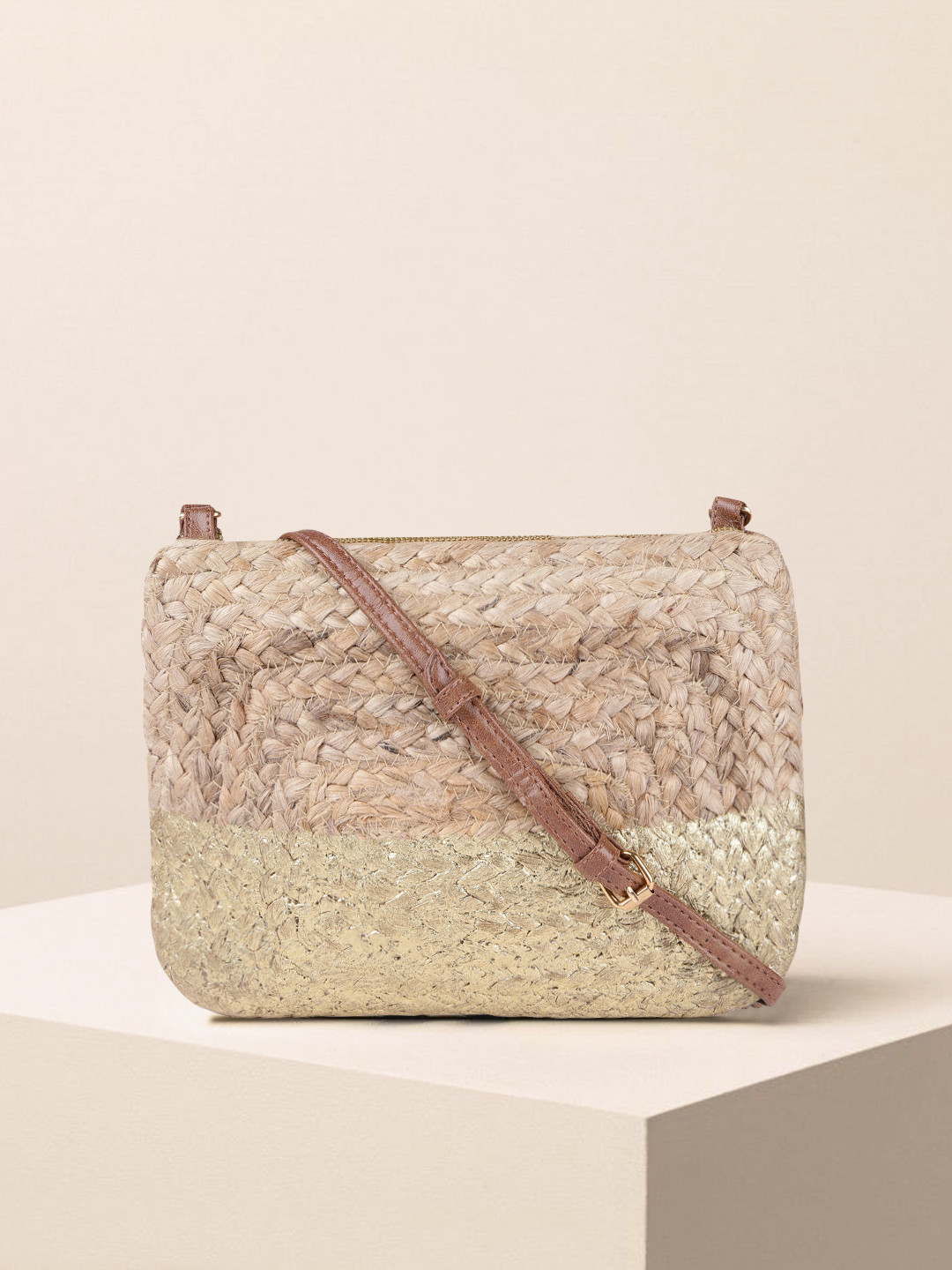 Buy Accessorize Gold Toned & Beige Self Design Sling Bag Handbags for