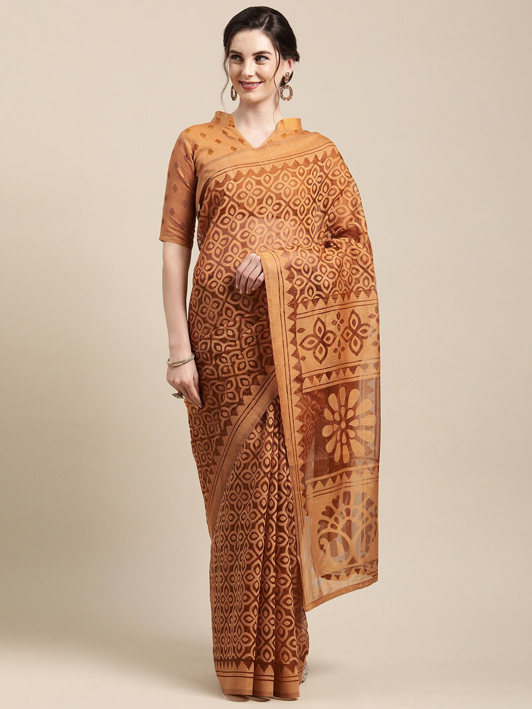 Buy Saree Mall Mustard Brown Geometric Printed Brasso Saree Sarees