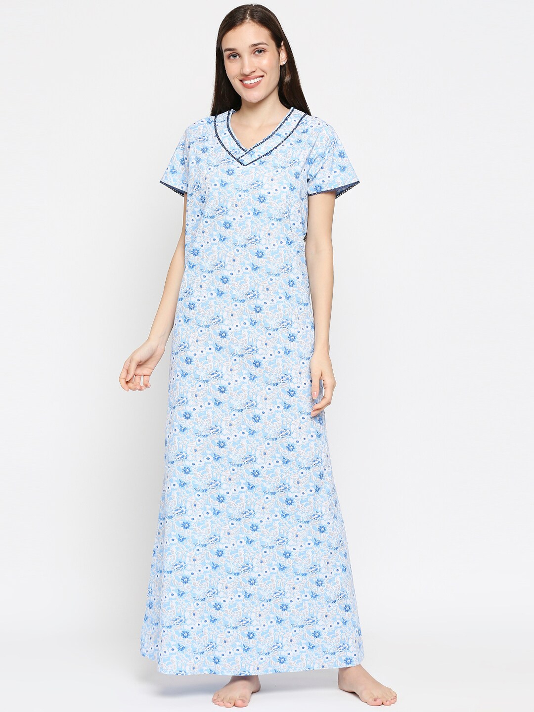 Buy XIN Woman Blue Floral Printed Maxi Nightdress - Nightdress for ...