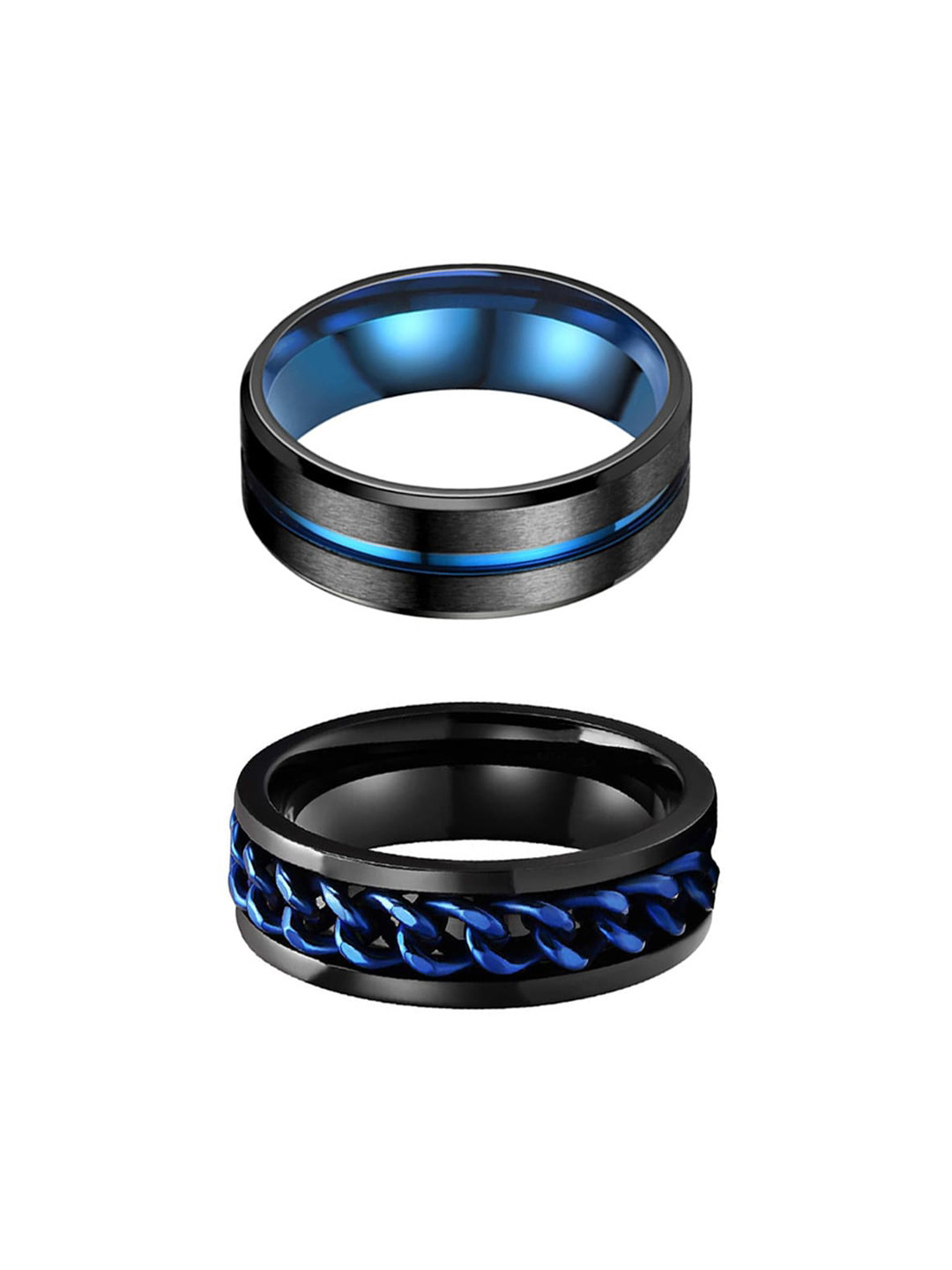 Buy Yellow Chimes Men Set Of 2 Blue & Black Stainless Steel Band Finger