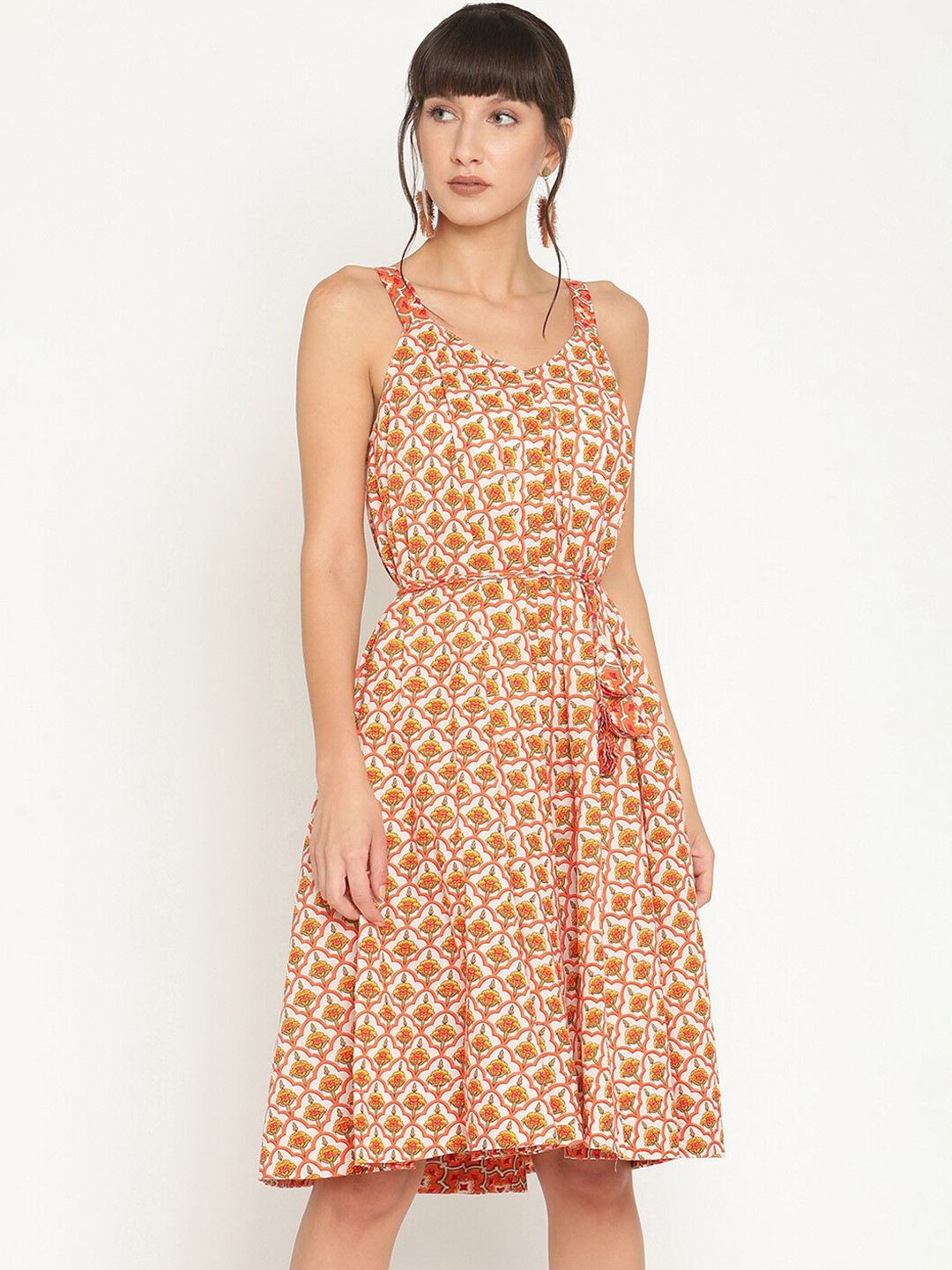 Buy Abhishti Orange & White Floral Midi Dress - Dresses for Women 15176492 | Myntra