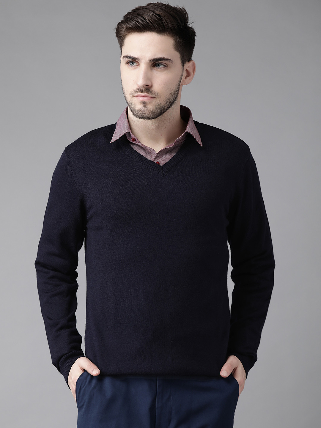 Buy Van Heusen Men Navy Blue Solid Pullover Formal Sweater Sweaters