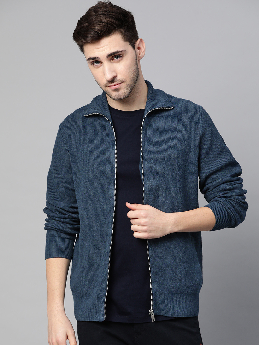 Buy Marks & Spencer Men Teal Blue Ribbed Cardigan Sweaters for Men