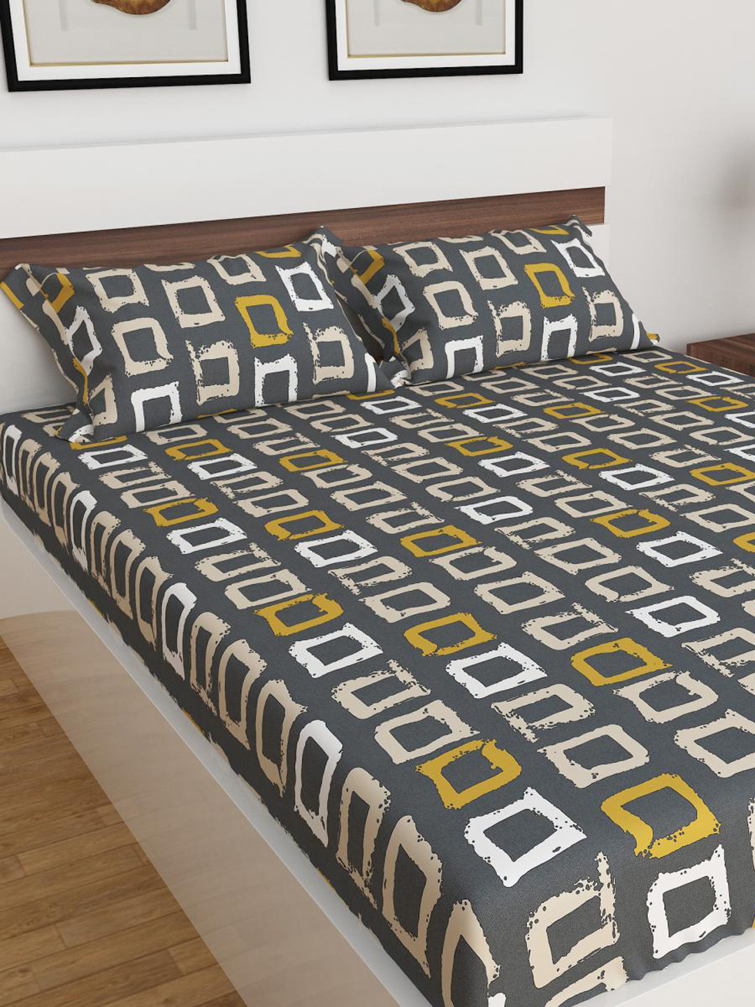 Buy Home Centre 3 Pcs Corsica Elegant Grey Printed Microfibre Double