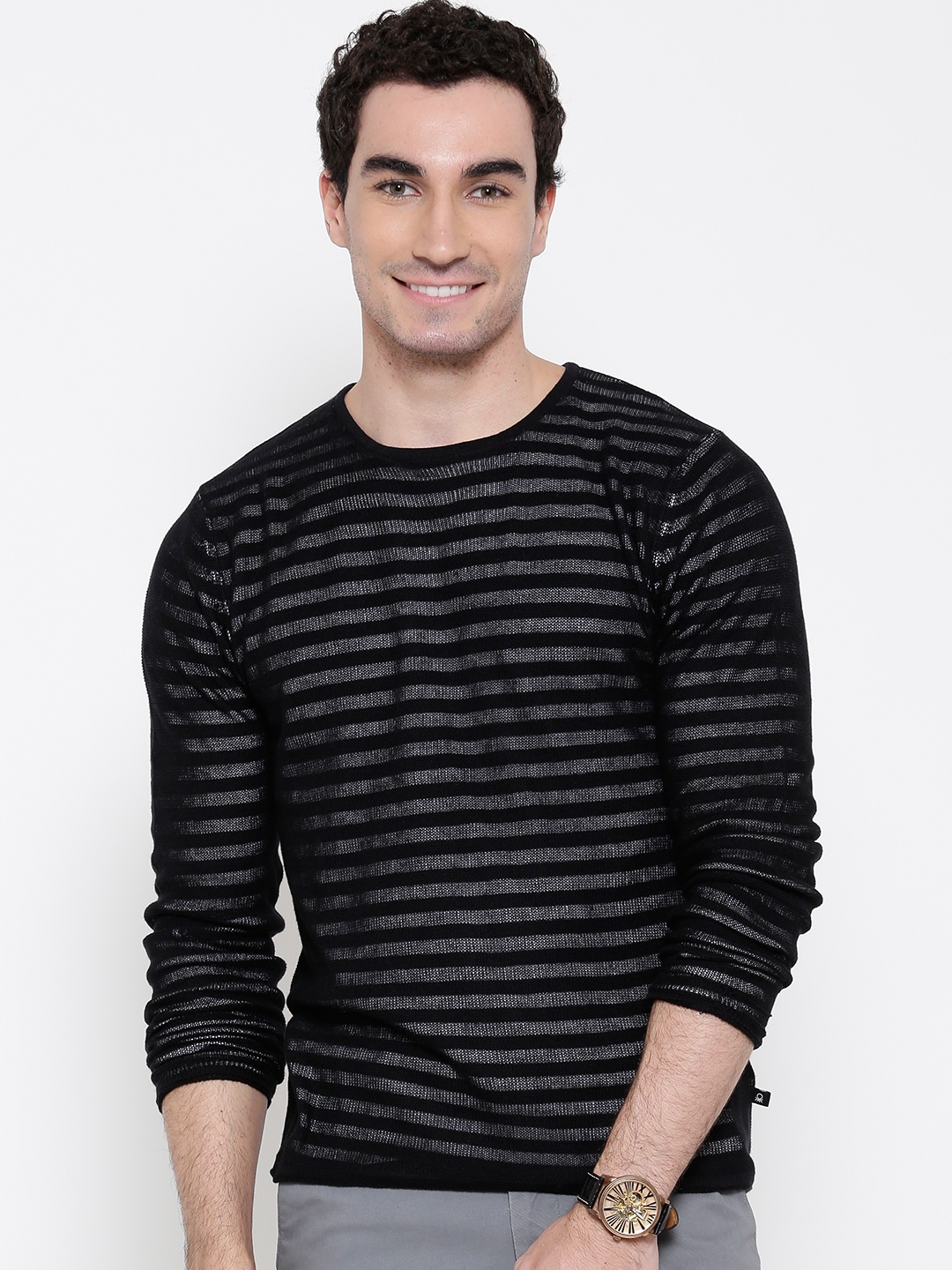 Buy United Colors Of Benetton Men Black Striped Sweater - Sweaters for ...
