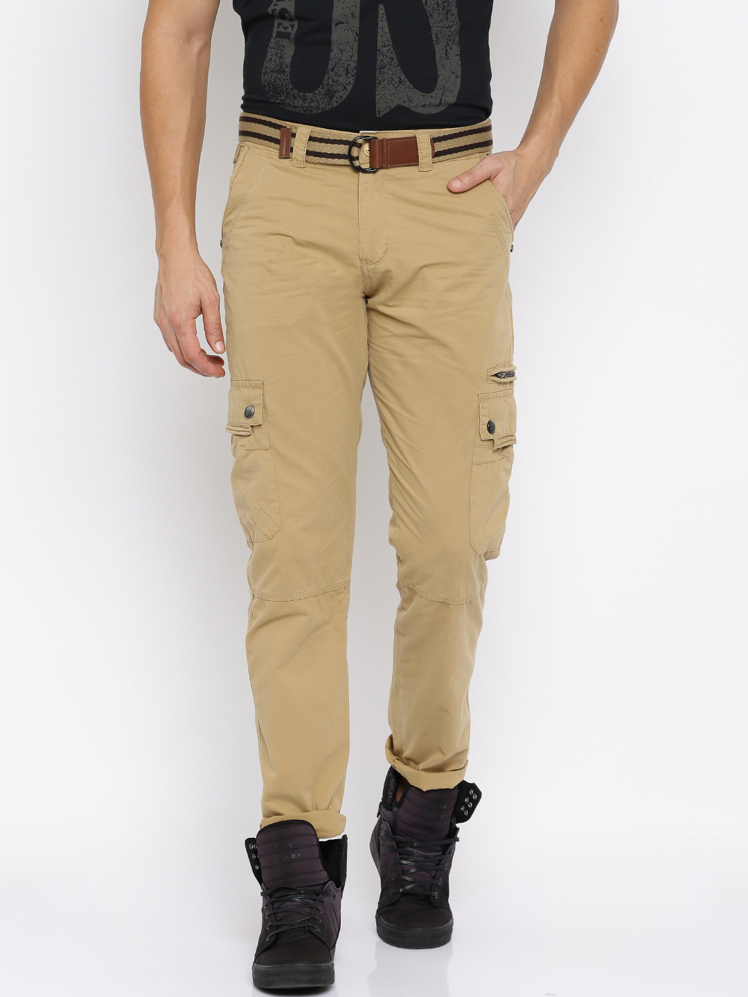 Buy Sports52 Wear Men Khaki Solid Regular Fit Cargo Trousers Trousers