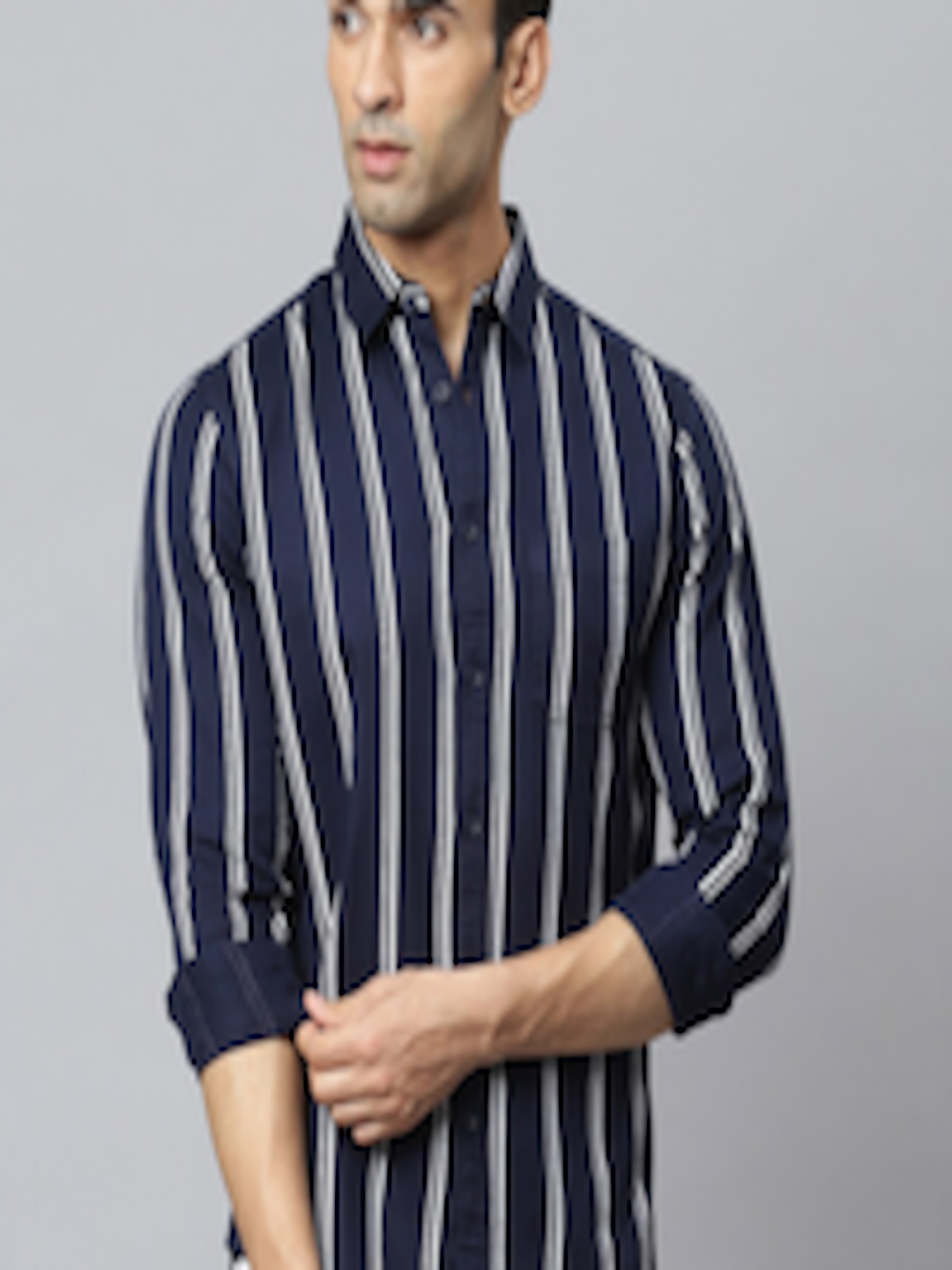 Buy Dennis Lingo Men Navy Blue & White Modern Slim Fit Opaque Striped ...