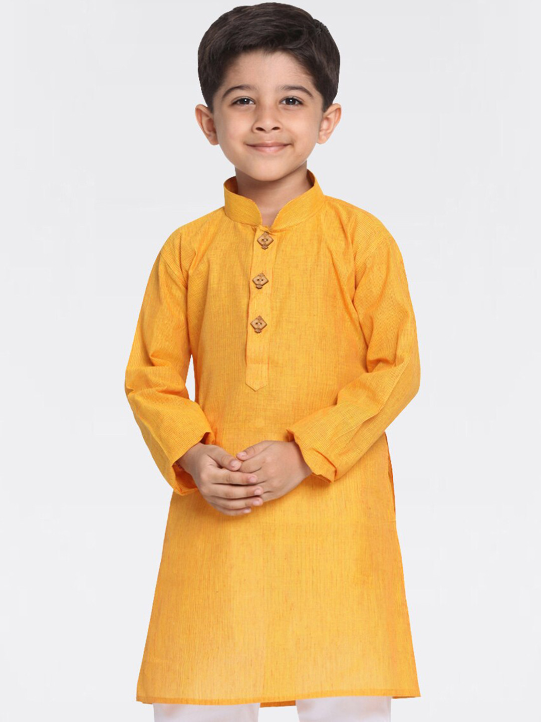 Buy VASTRAMAY Boys Mustard Yellow Solid Handloom Mandarin Collar Kurta