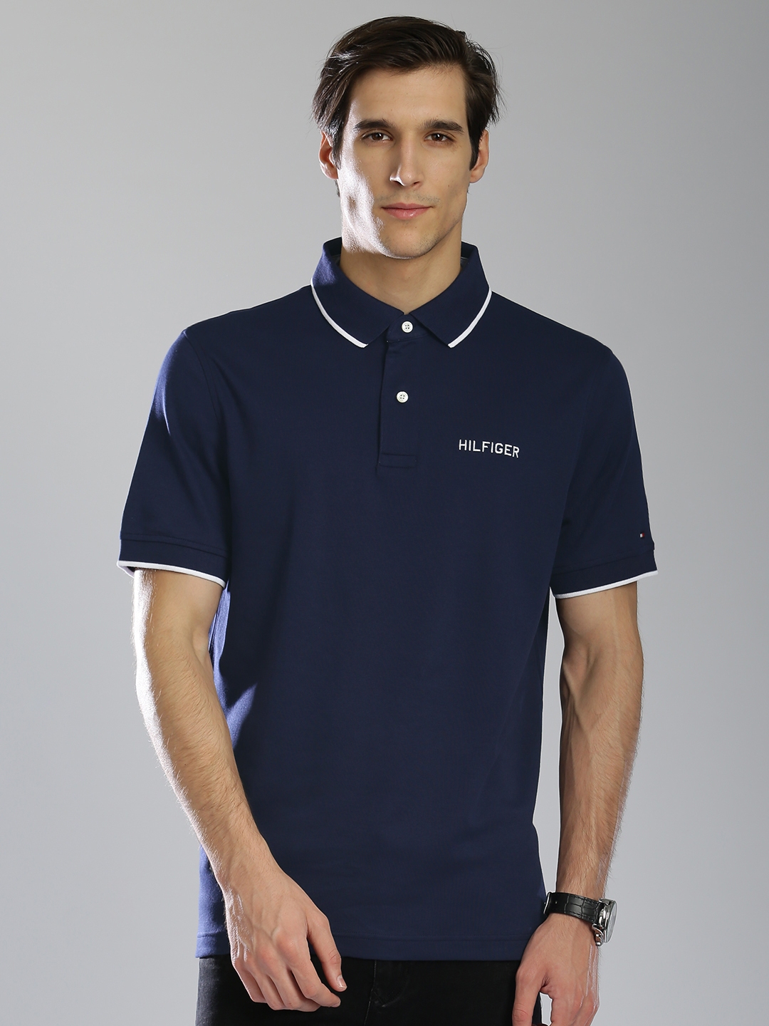 Buy Tommy Hilfiger Men Navy Solid Polo Pure Cotton T Shirt - Tshirts ...