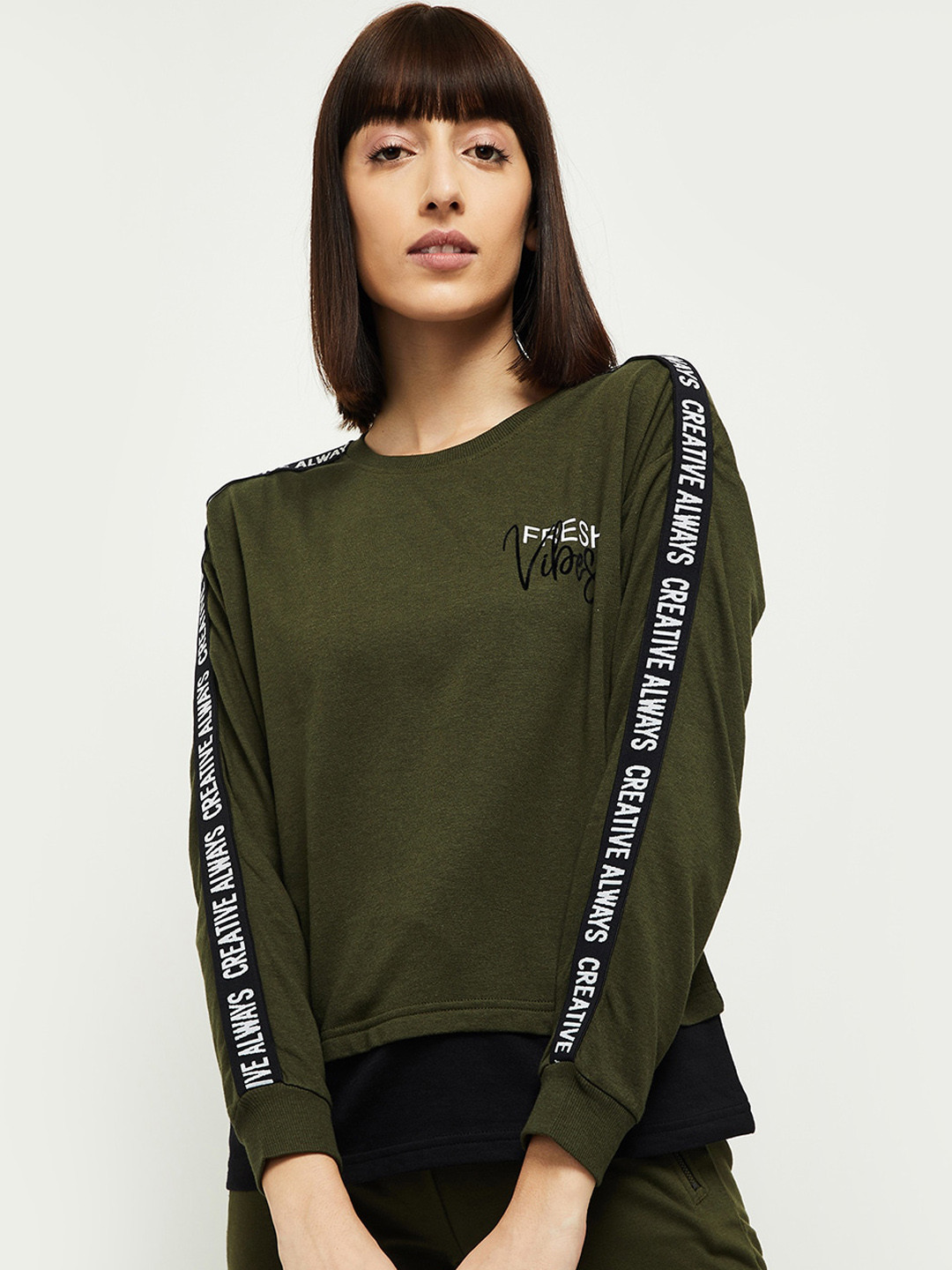 Buy Max Women Olive Green Solid Pullover Sweatshirt Sweatshirts for
