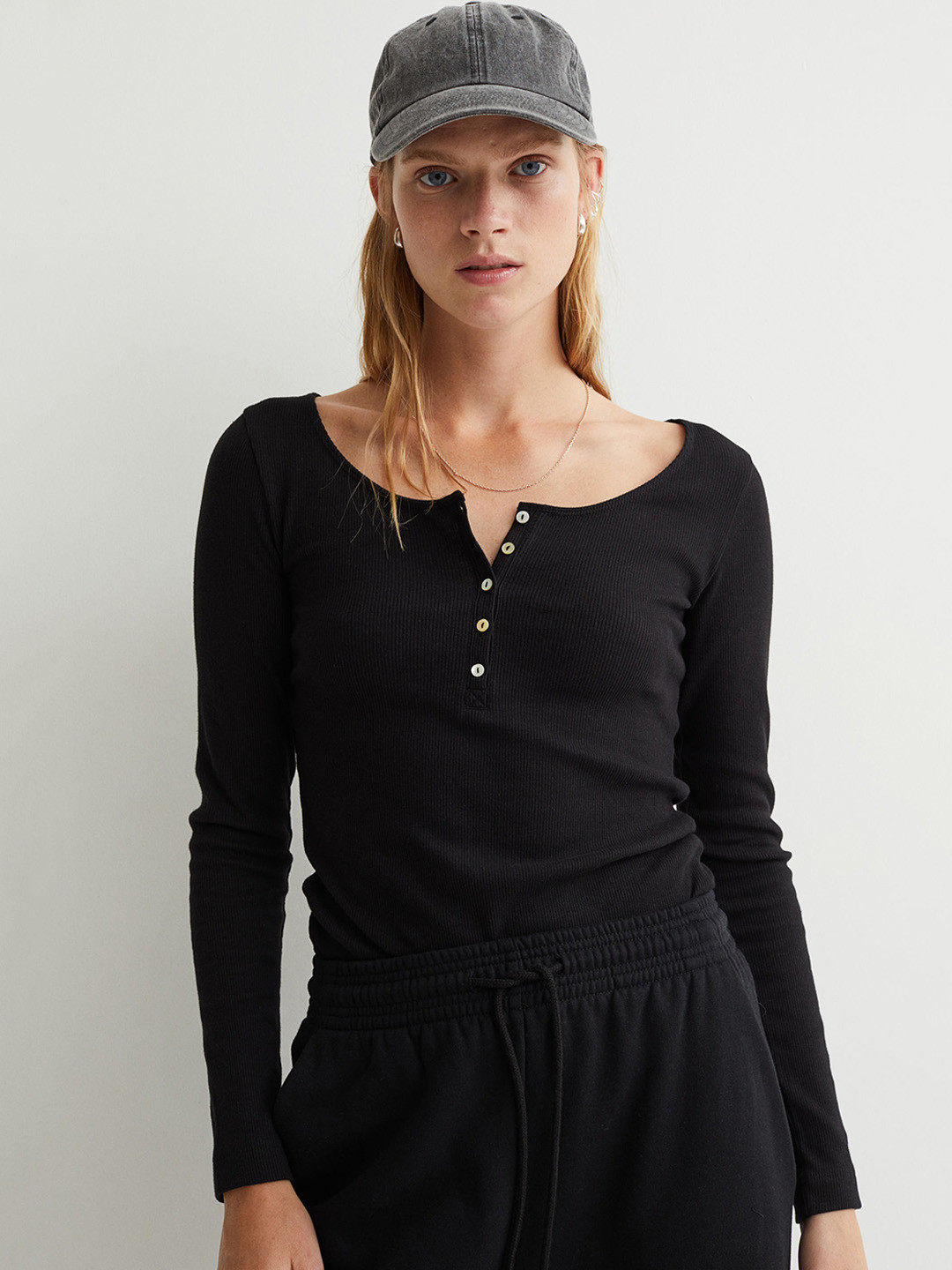 Buy H&M Women Black Ribbed Henley Top Tops for Women 15198572 Myntra