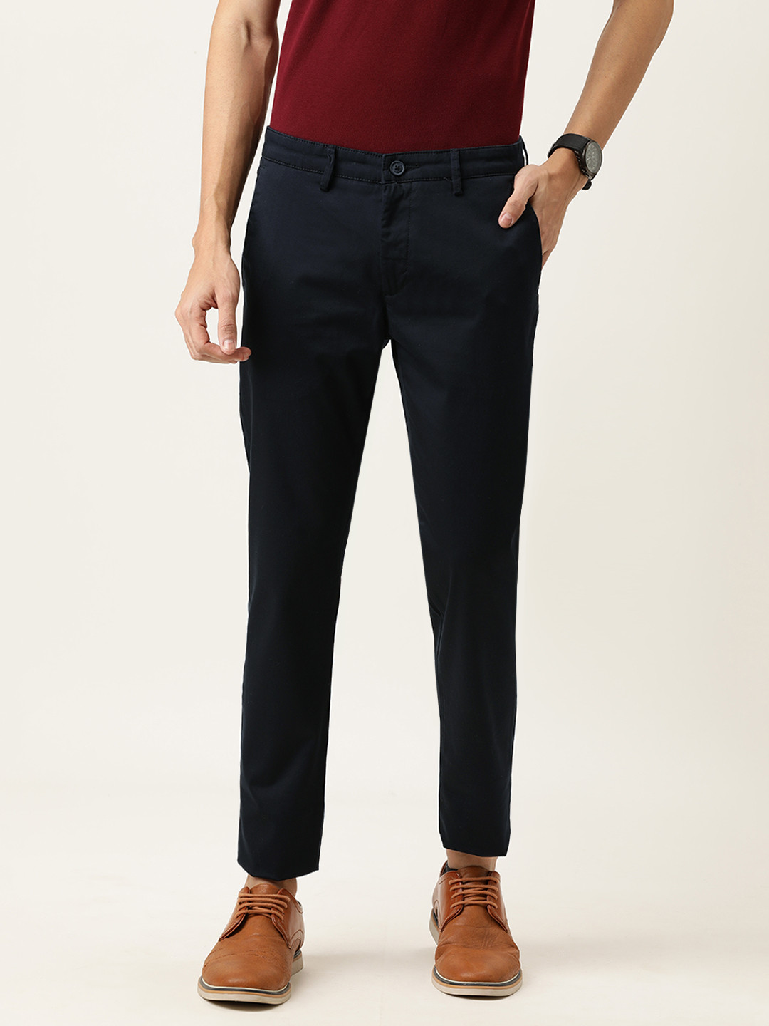 Buy Peter England Casuals Men Black Solid Slim Fit Regular Trousers