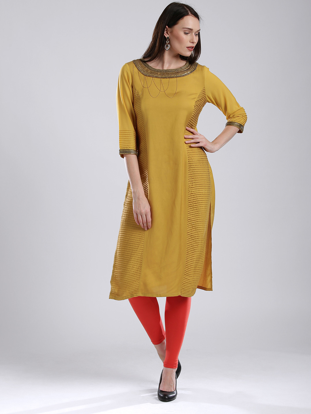 Buy WISHFUL By W Women Mustard YelloWISHFUL By W Embellished Detail Straight Kurta Kurtas for