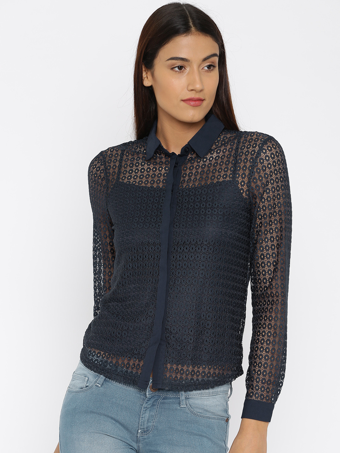 Buy Jealous 21 Women Navy Blue Lace Shirt Style Top Tops for Women