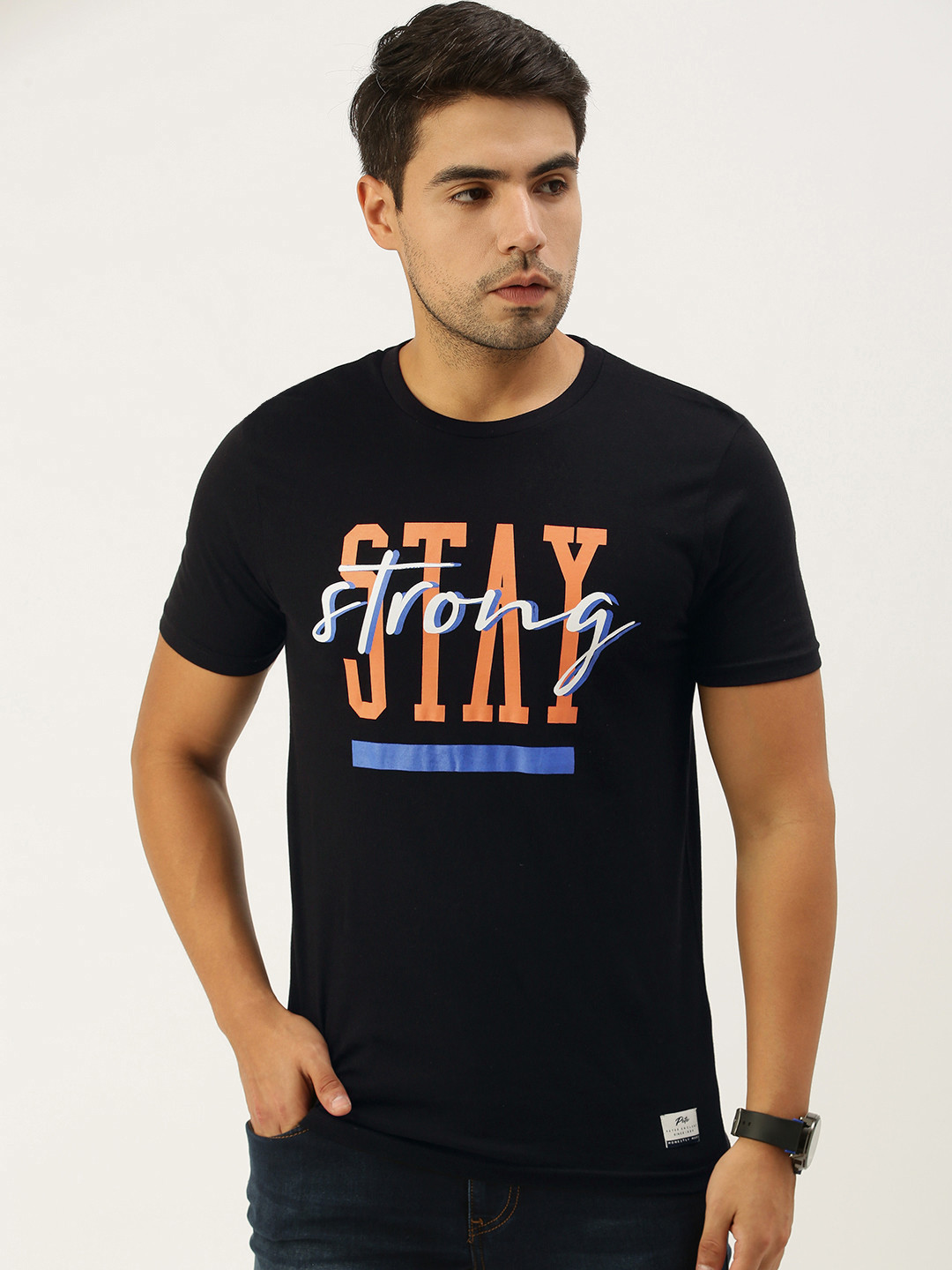 Buy Peter England Men Black Typography Printed Pure Cotton T Shirt