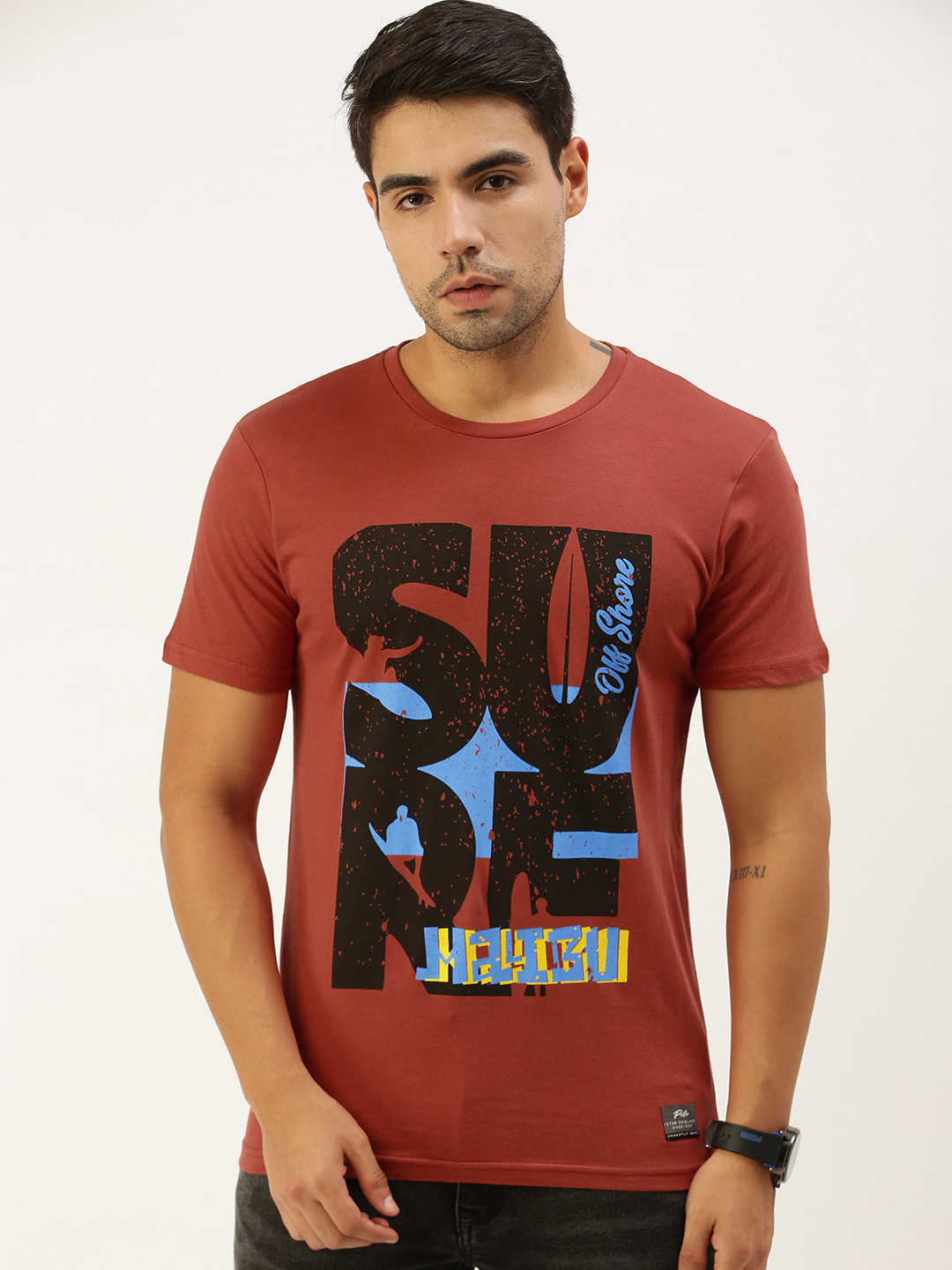 Buy Peter England Men Red Typography Printed Slim Fit Pure Cotton T