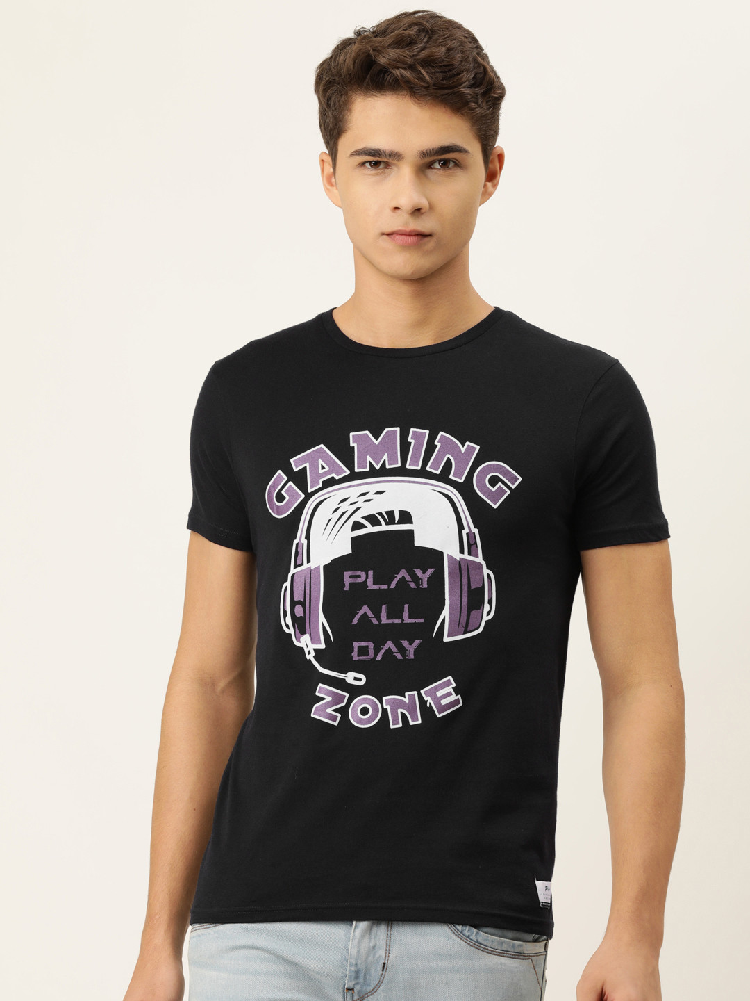 Buy Peter England Men Black Printed Pure Cotton Slim Fit T Shirt