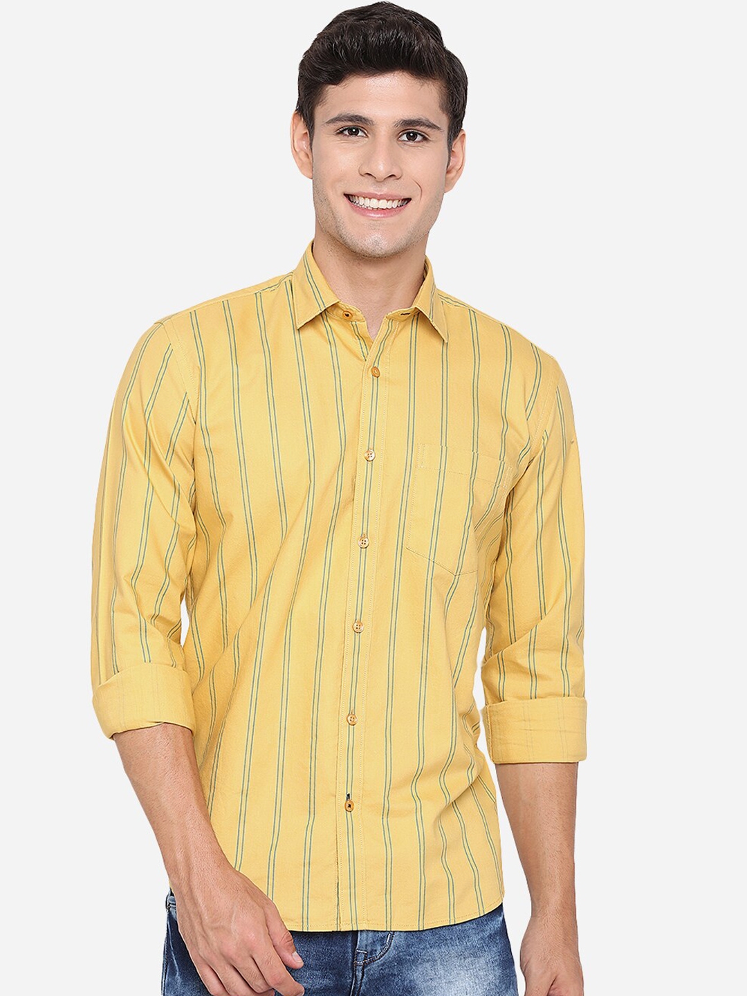 Buy JADE BLUE Men Yellow Slim Fit Pure Cotton Striped Casual Shirt ...