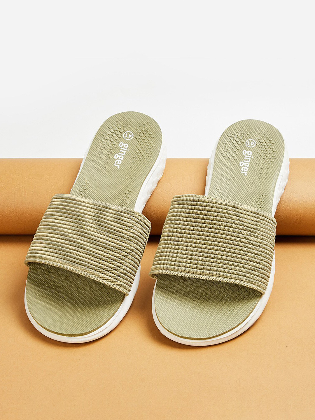 Buy Ginger By Lifestyle Women Olive Green Sliders Flip Flops for