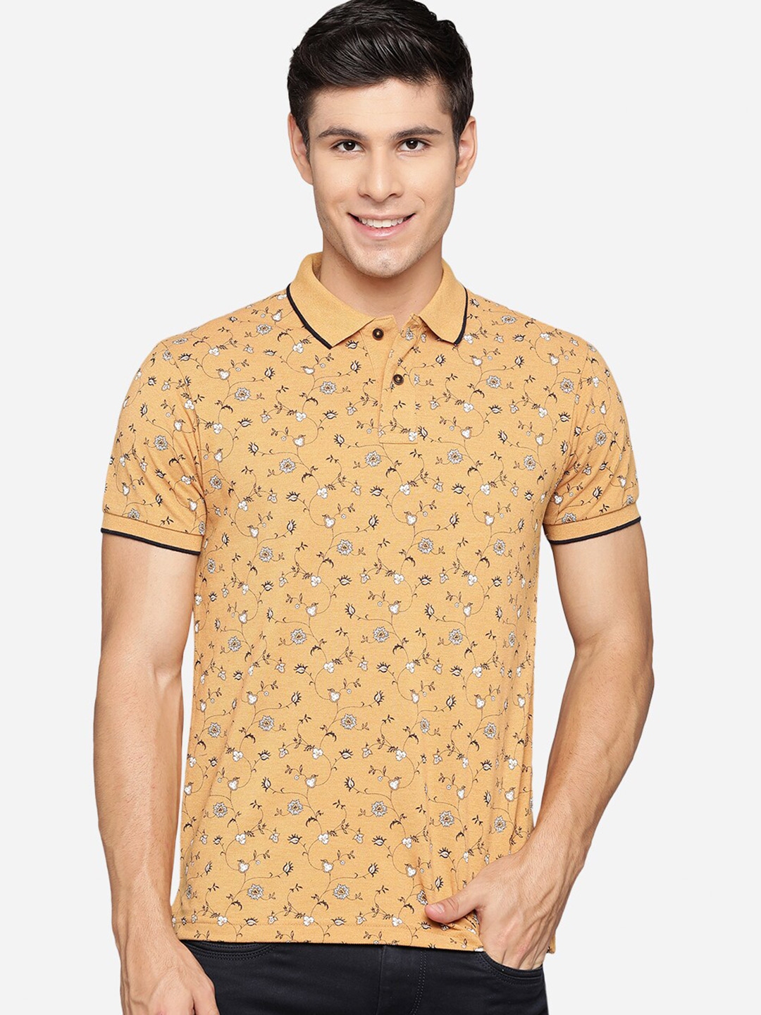 Buy Greenfibre Men Mustard Yellow Printed Polo Collar Slim Fit T Shirt ...
